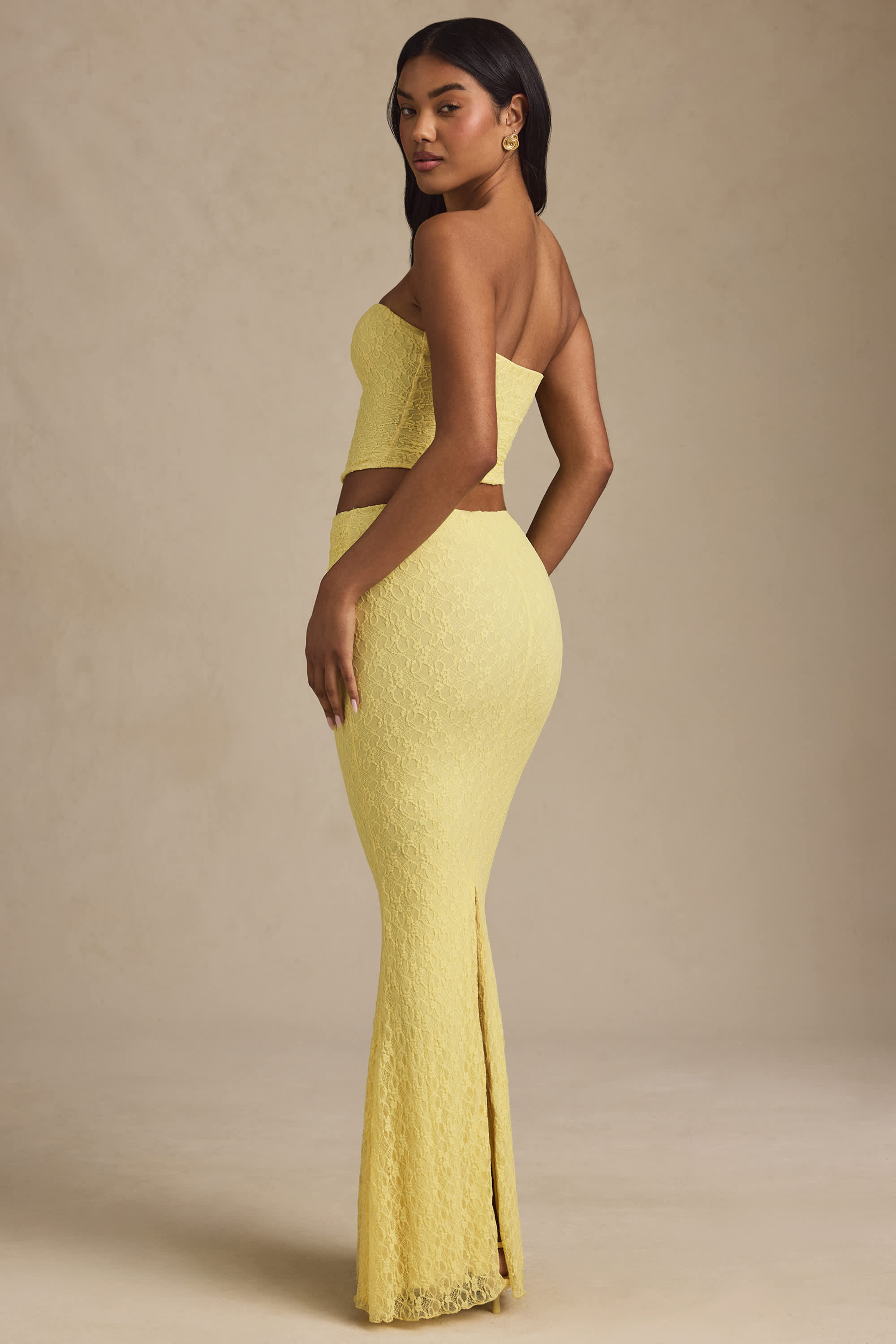 Vanda-Draped Low-Rise Lace Maxi Skirt in Pastel Yellow