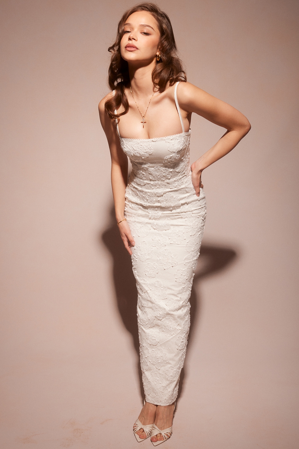 Eva-White Floral Lace Maxi Dress
