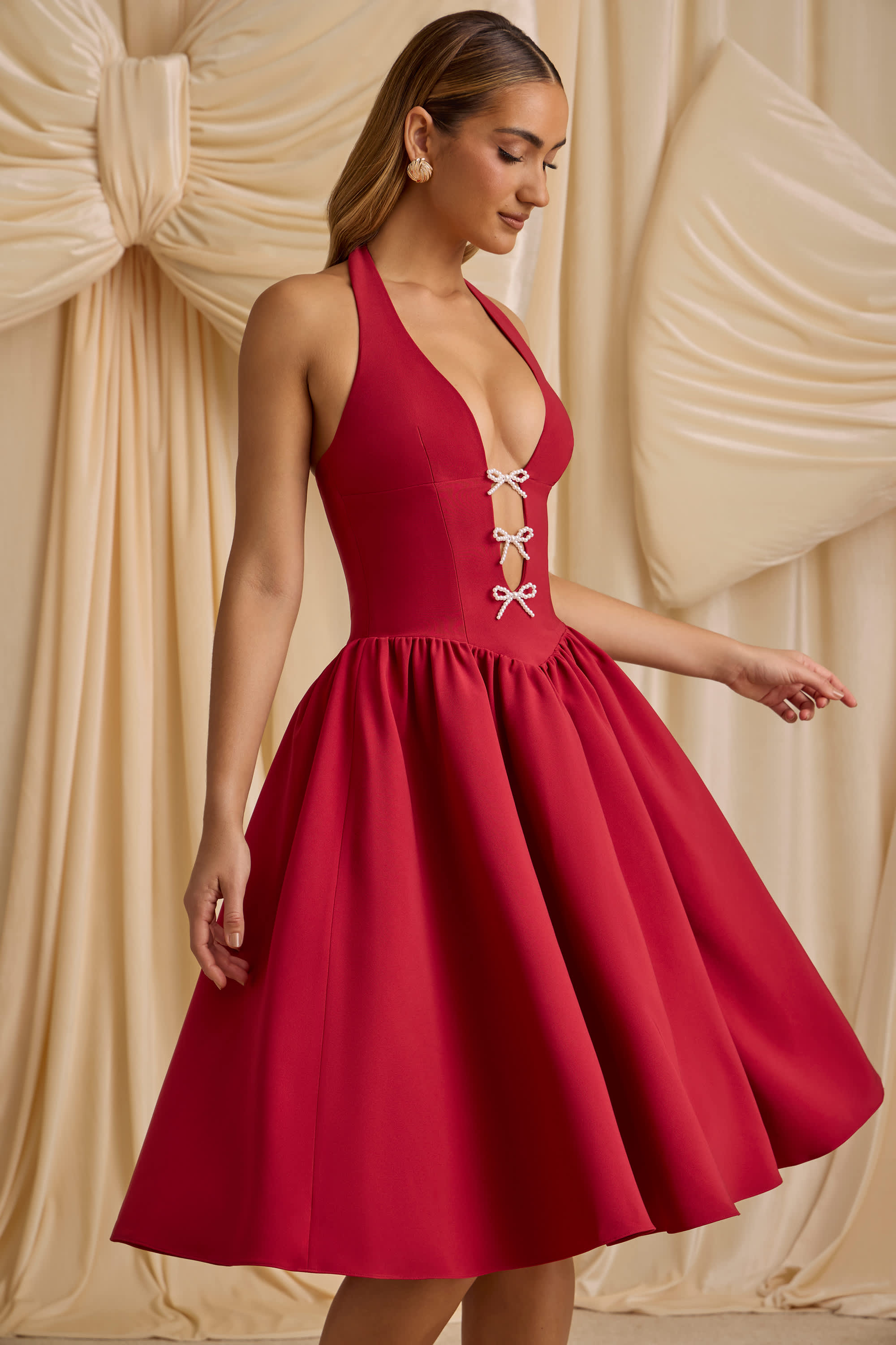 Angelina-Halterneck Bow-Detail Midi Dress in True Red