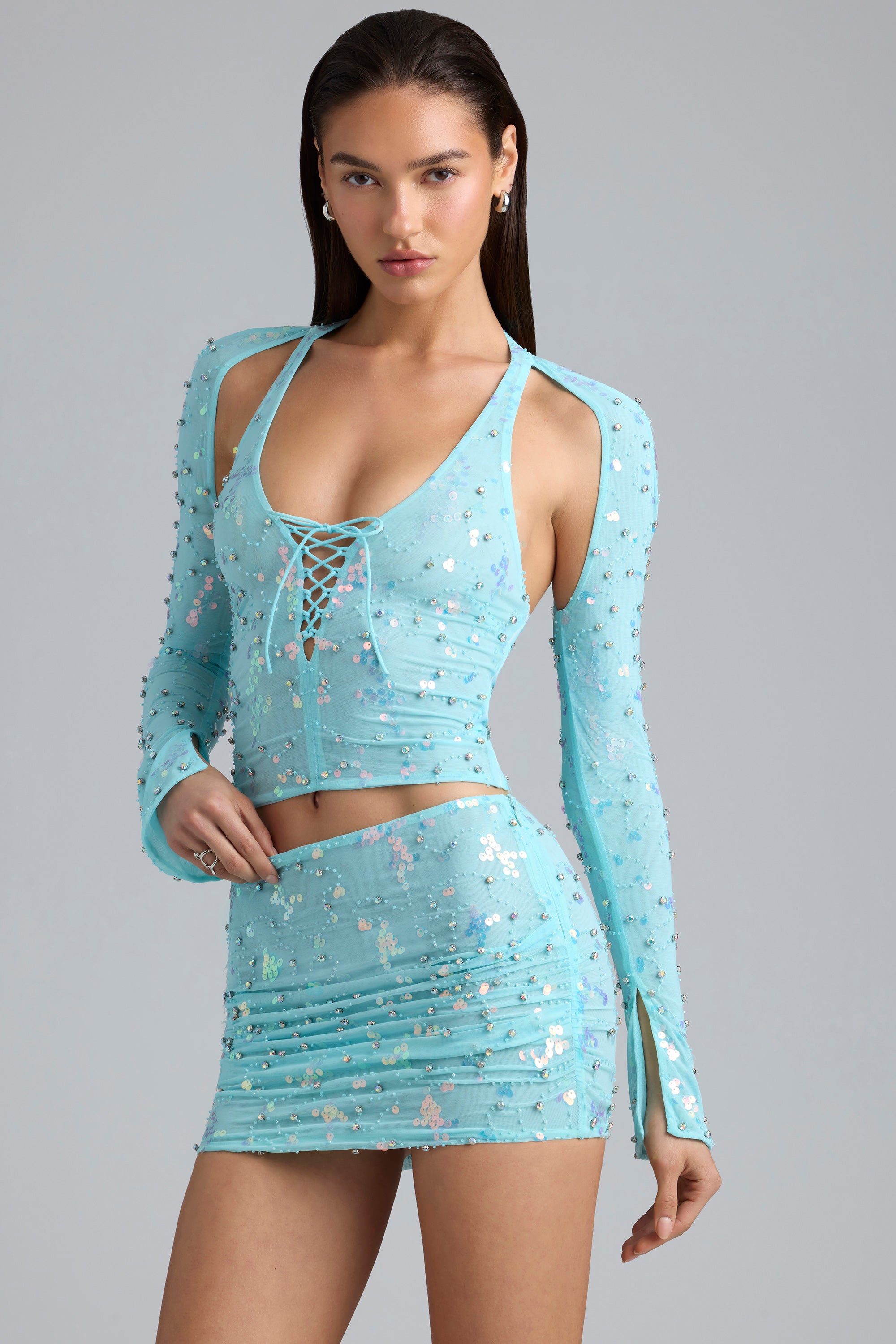 Liana-Embellished Cut-Out Halterneck Top in Ice Blue
