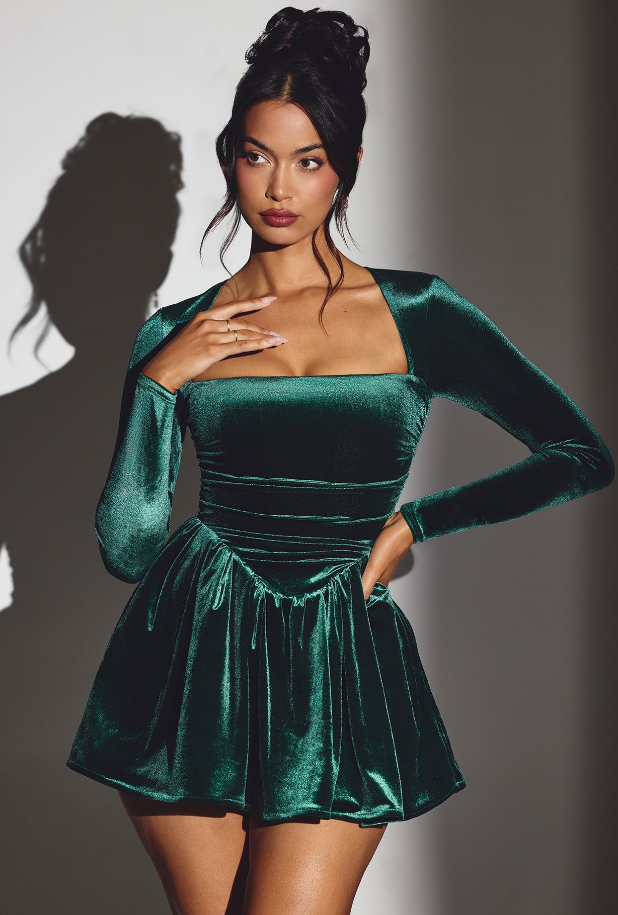 Tera-Velvet Long Sleeve Corset Mini Dress in Emerald Green