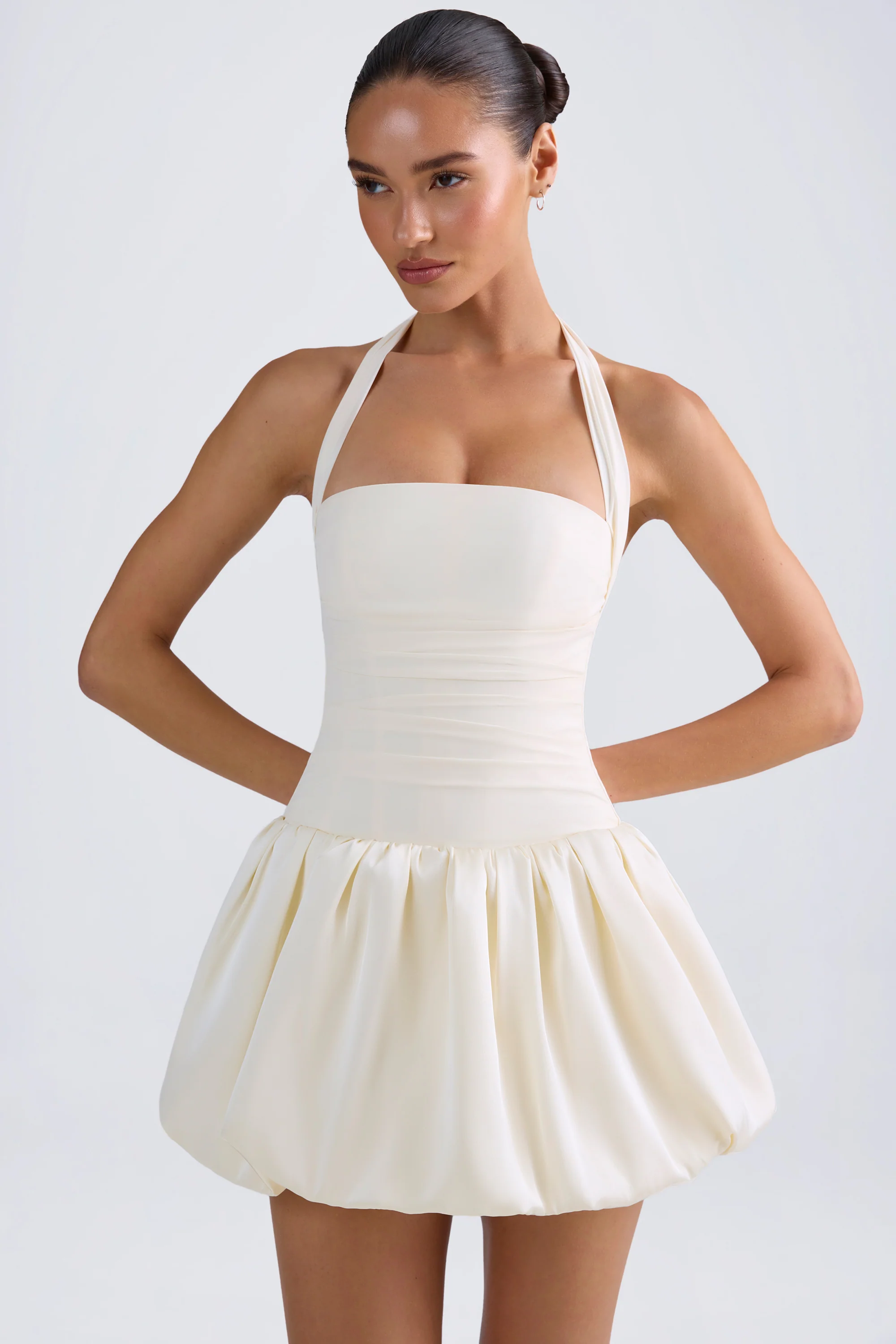 Ludmila-Halterneck Lace-Up Bubble Hem Corset Micro Mini Dress in Ivory