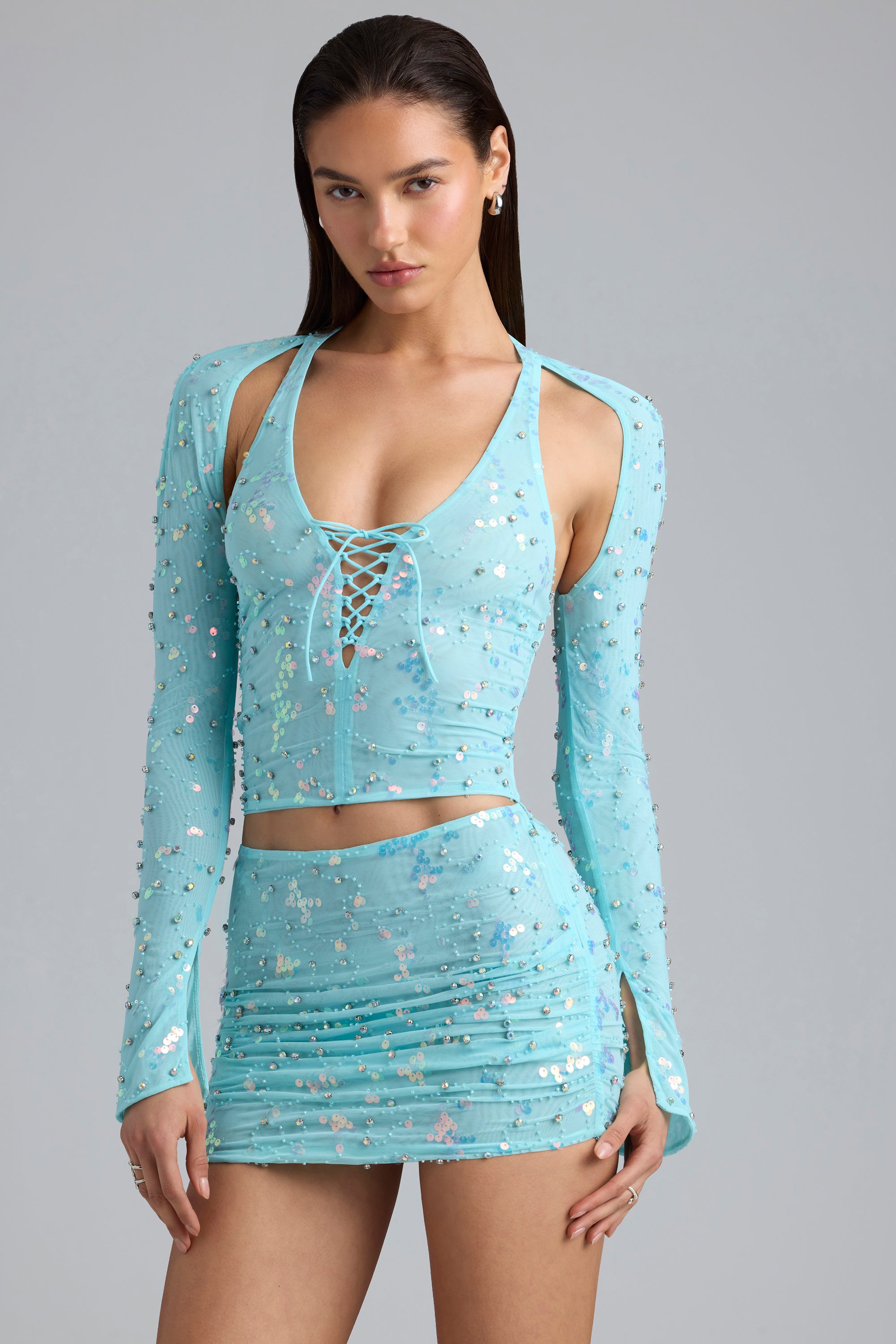 Willow-Ruched Mid-Rise Micro Mini Skirt in Ice Blue