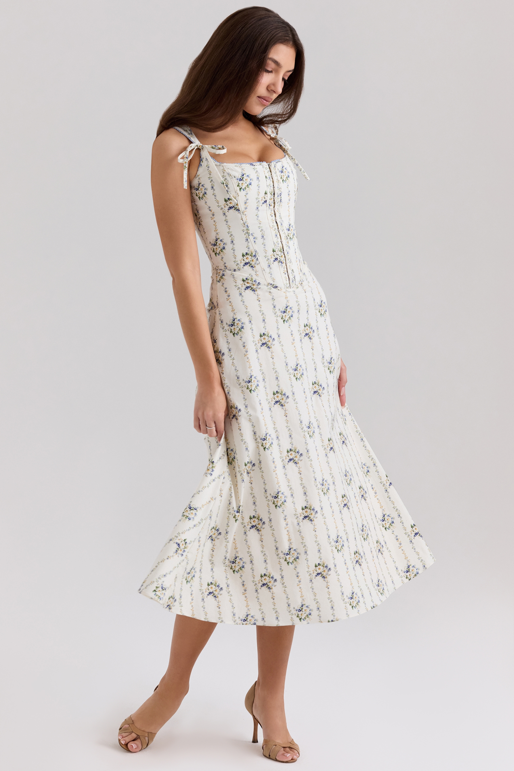 Dionne-Cream Daisy Print Stretch Cotton Midi Dress