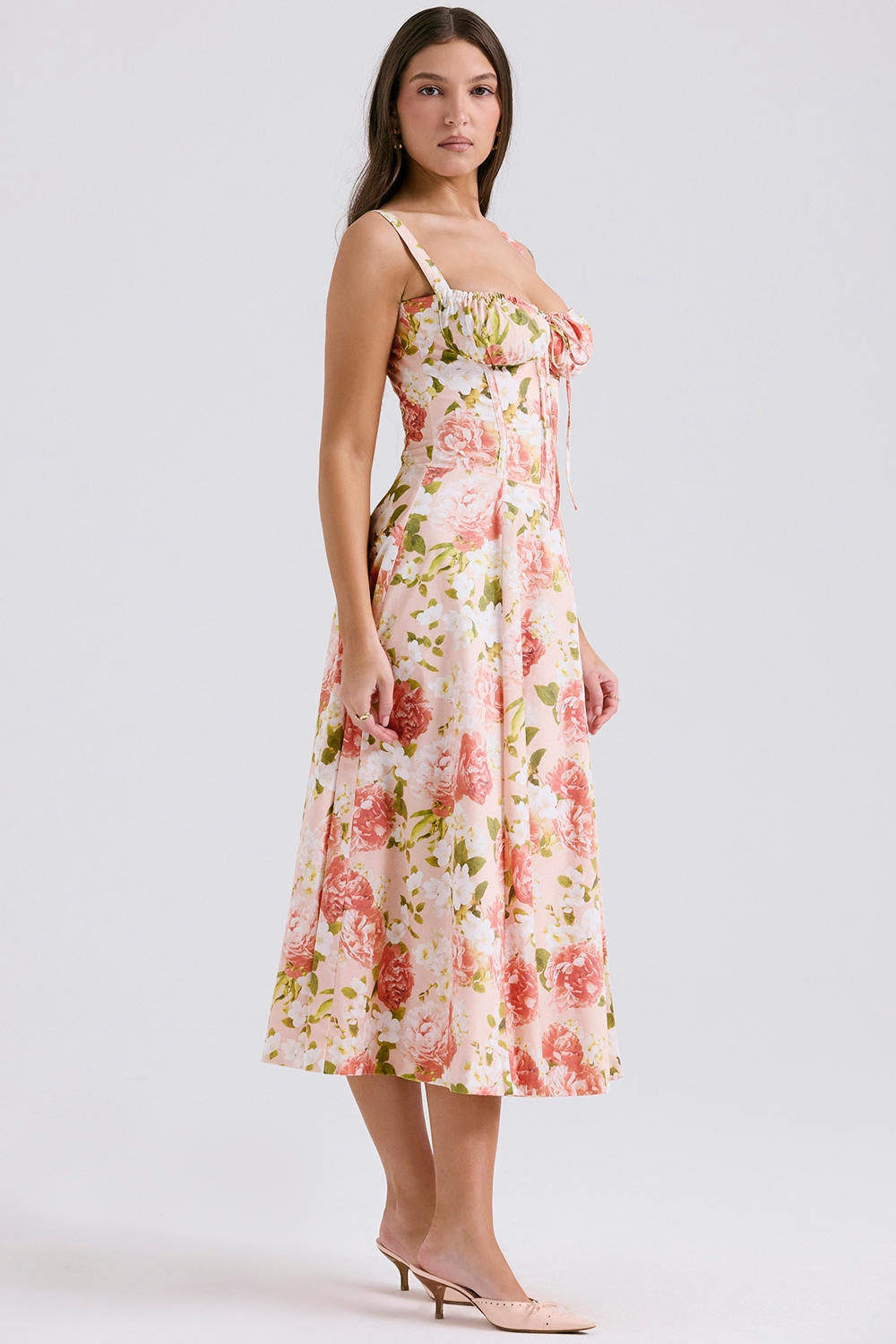 Carmen-Pink Peony Print Cotton Bustier Sundress