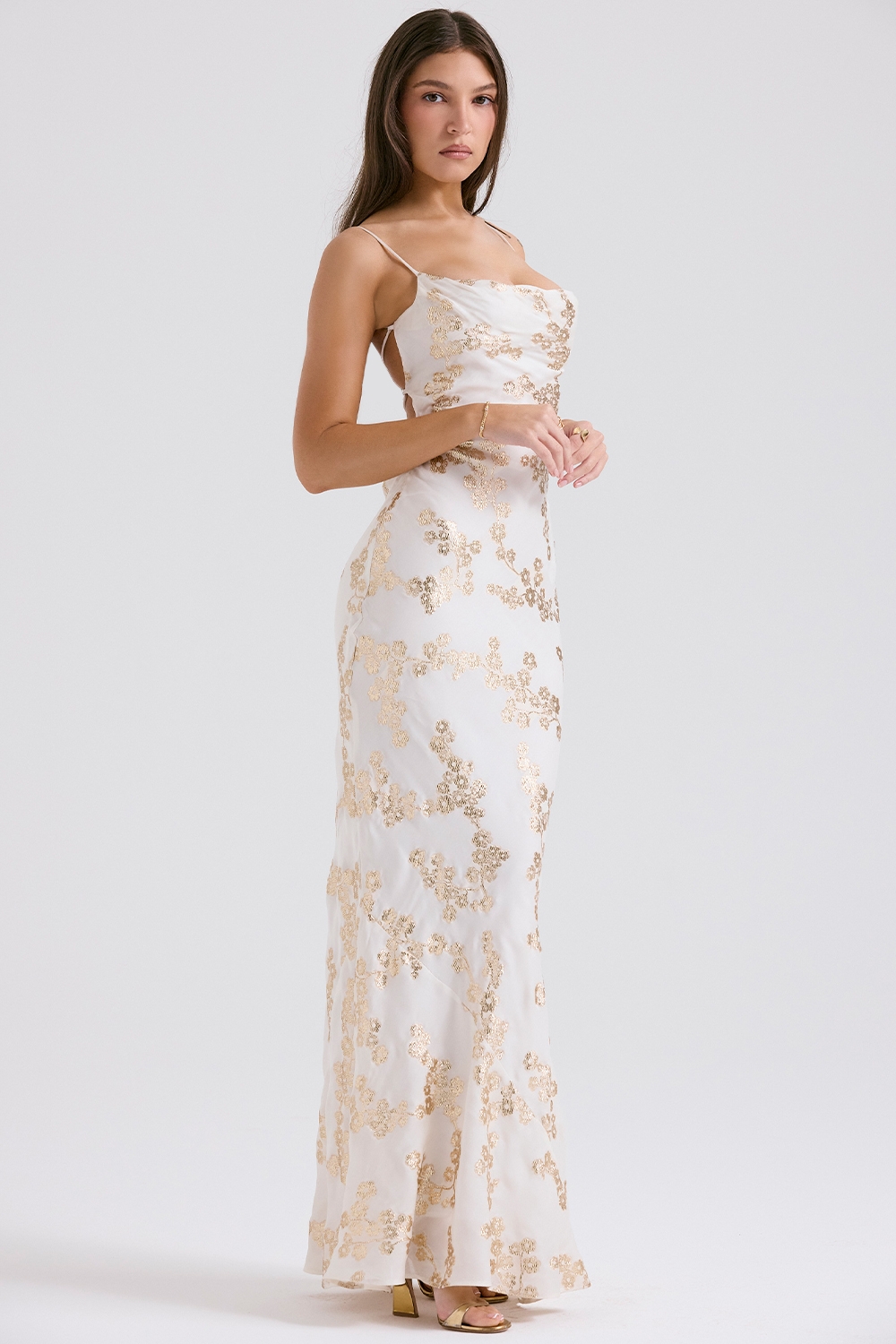 Capriana-White & Gold Jacquard Satin Gown