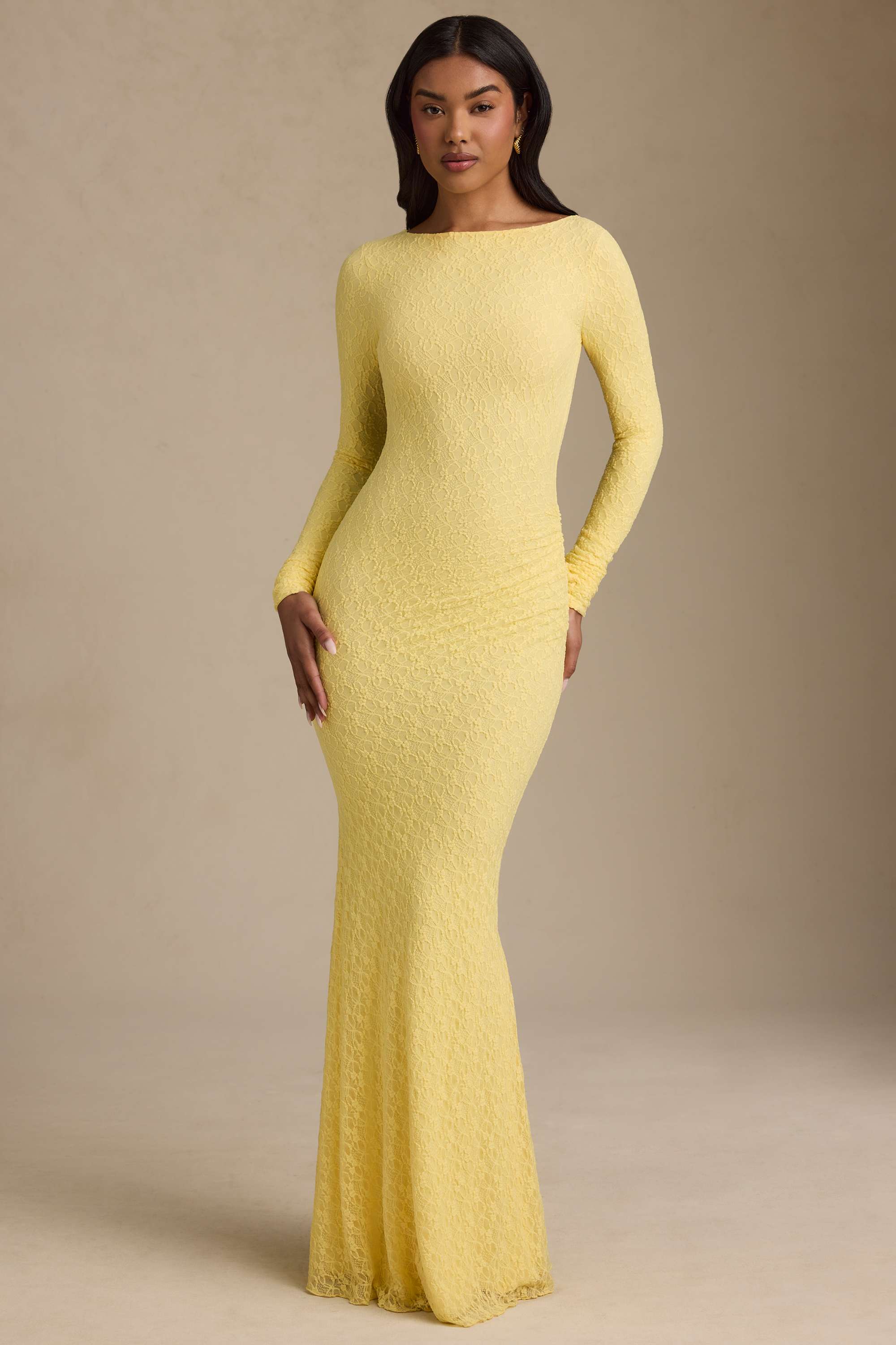 Tarini-Ruched Backless Lace Maxi Dress in Pastel Yellow