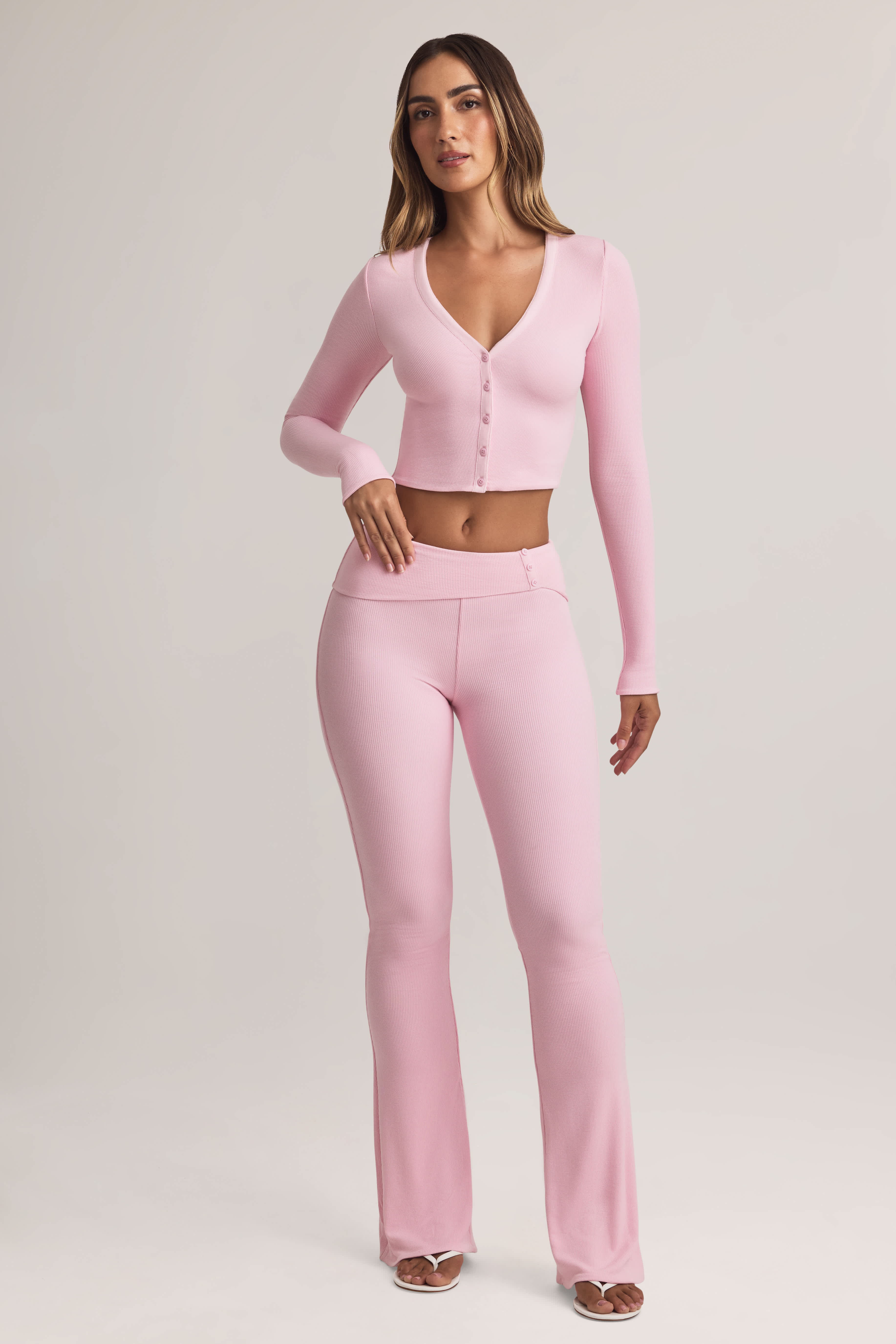 Bebe-Modal Foldover Mid-Rise Flared Trousers in Pastel Pink