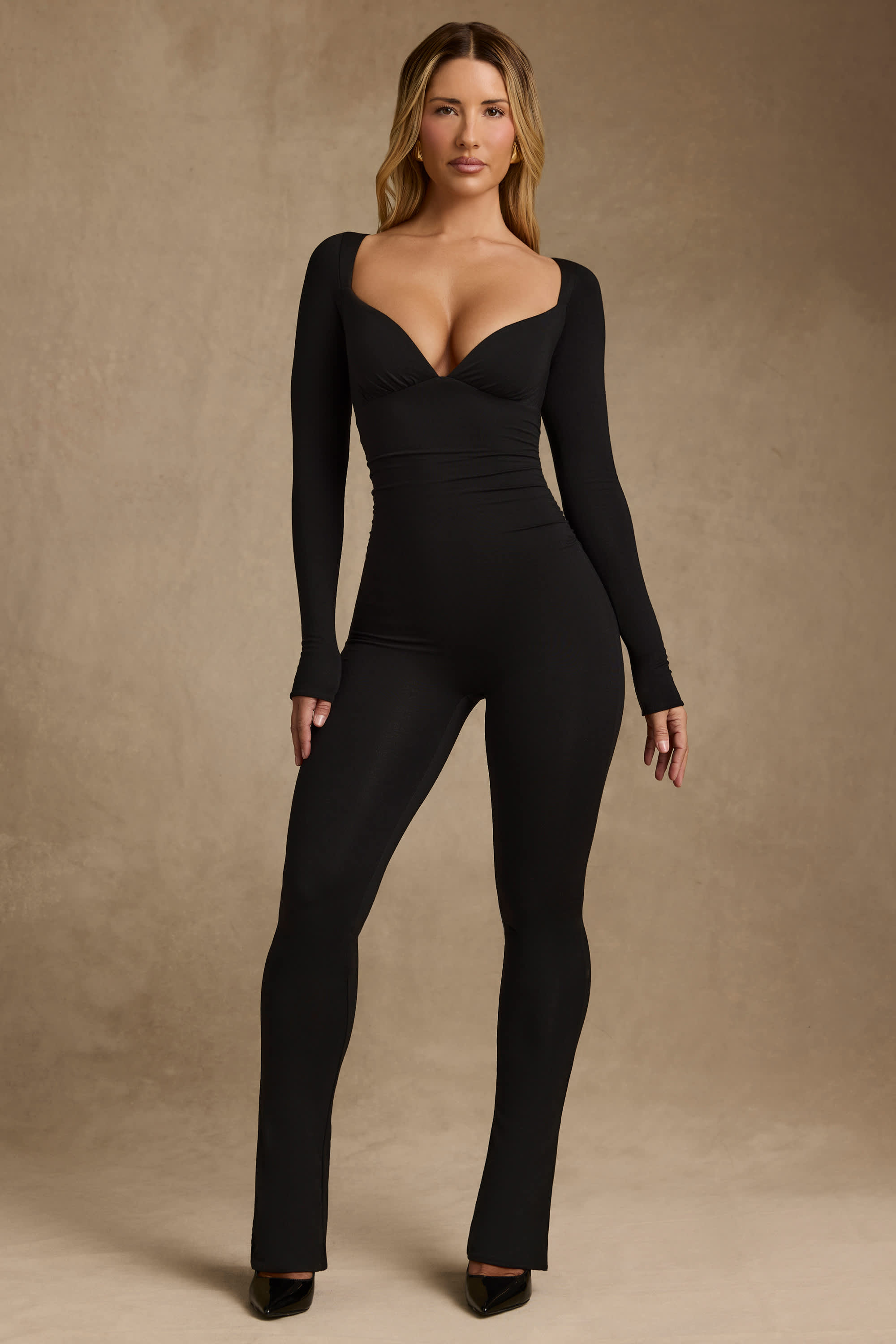 Leida-Modal Ruched Long-Sleeve Jumpsuit in Black