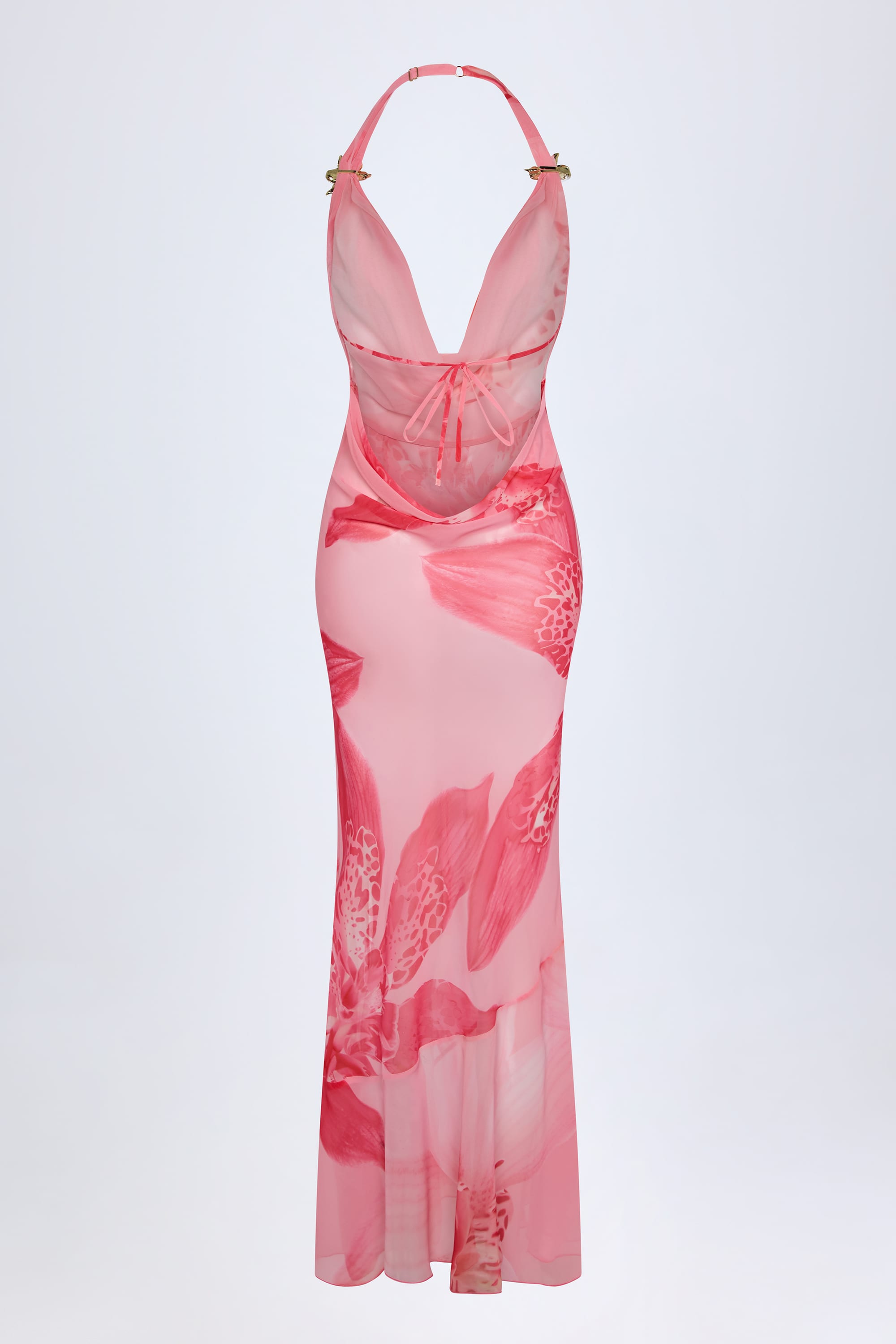 Taveuni-Cowl-Neck Hardware-Detail Maxi Dress in Pink Orchid Print