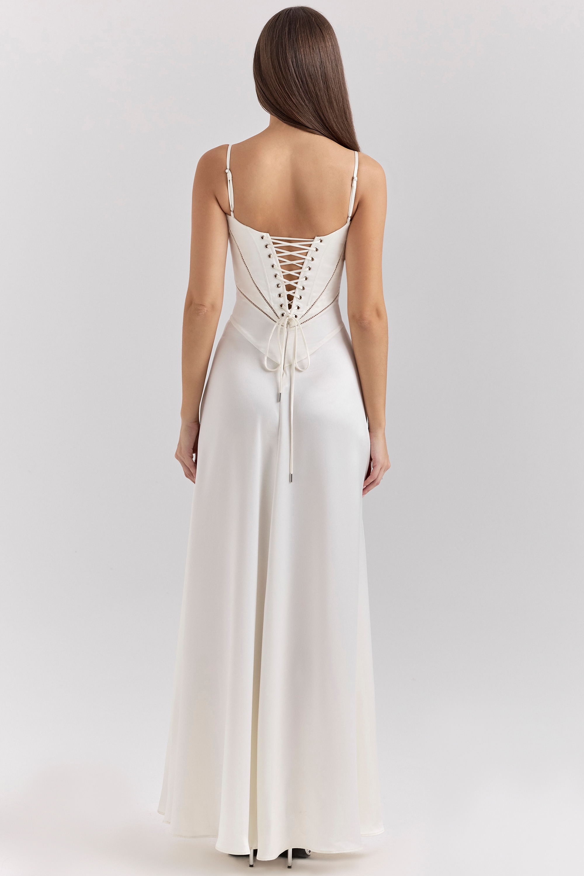 Anabella-Ivory Satin Lace Up Maxi Dress