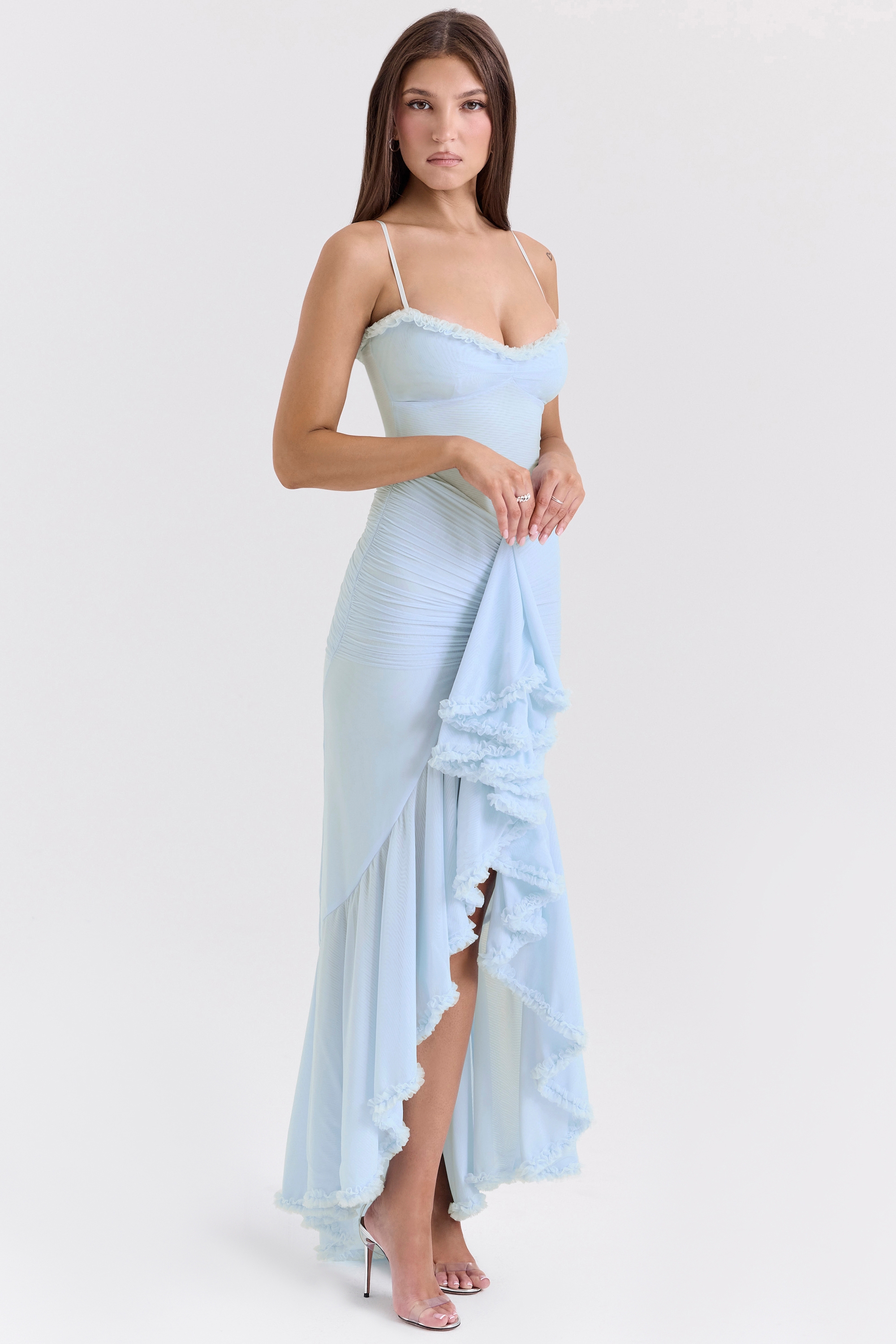 Gabbi-Ice Blue Mesh Ruffled Front Gown