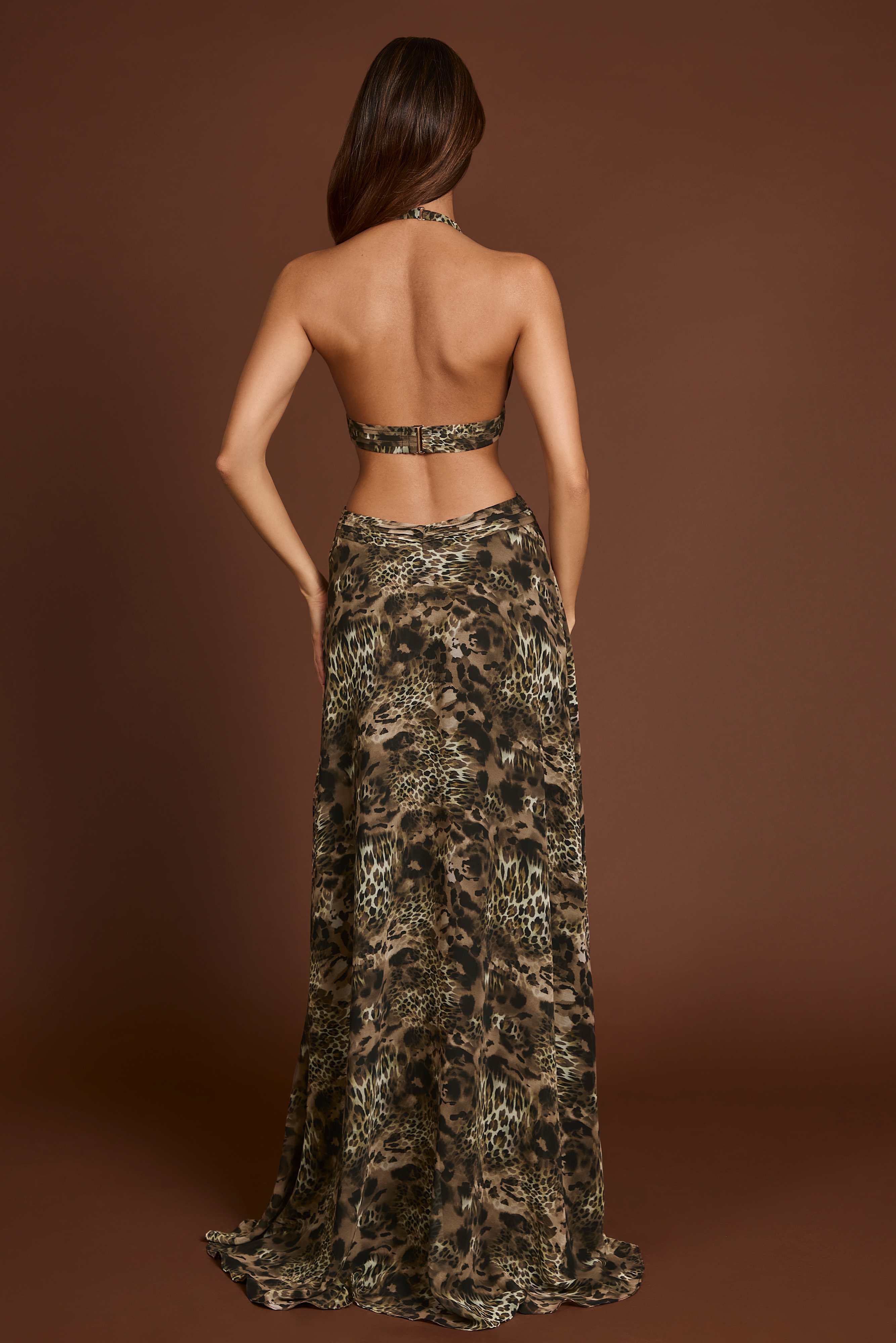 Tarsia-Plunge Cut-out Maxi Gown in Leopard Print