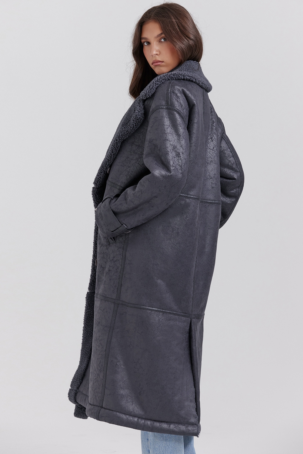 Deiji-Grey Vegan Shearling Coat