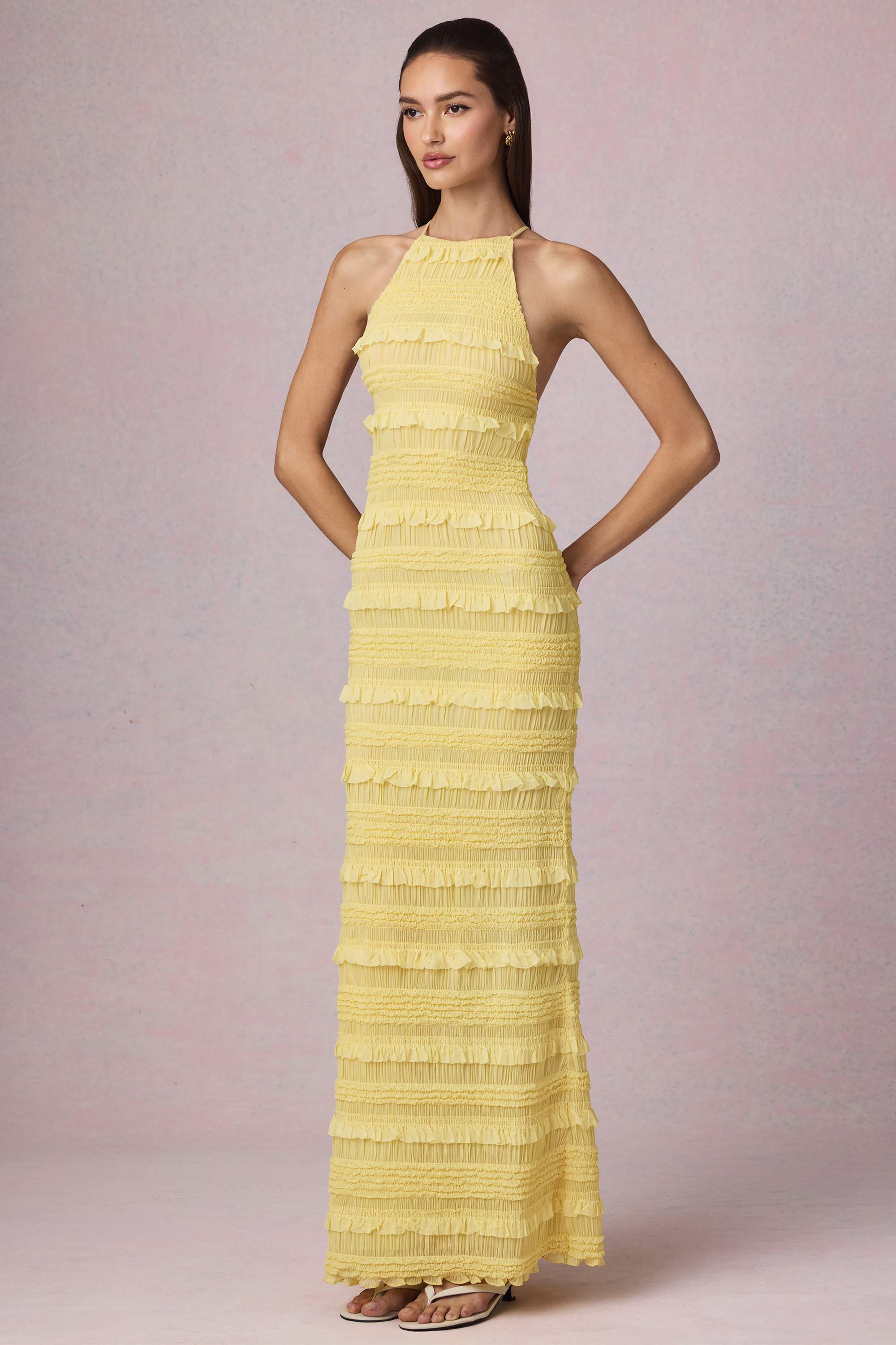Tove-Ruffled Backless Halterneck Maxi Dress in Lemon Yellow
