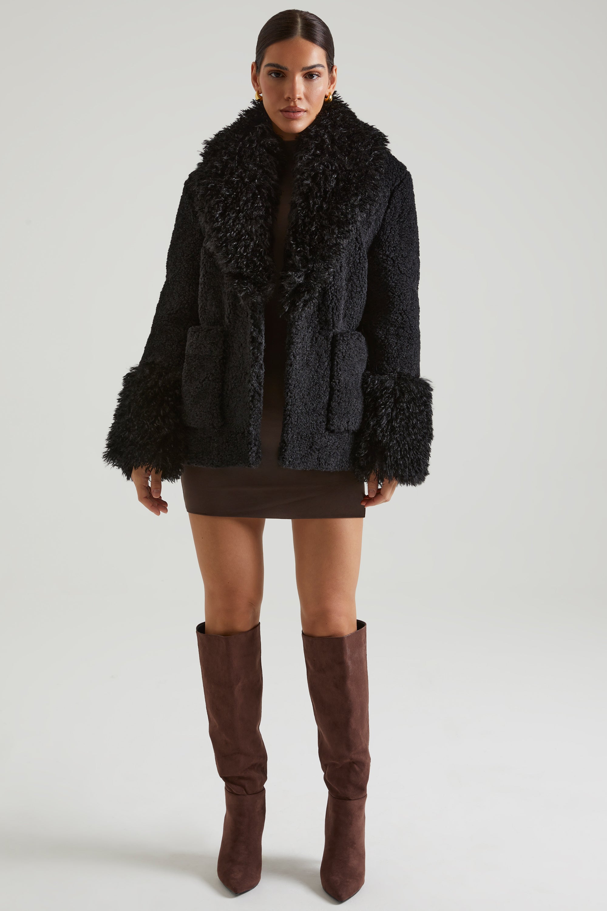 Wynter-Shearling Coat with Large Front Pockets in Black
