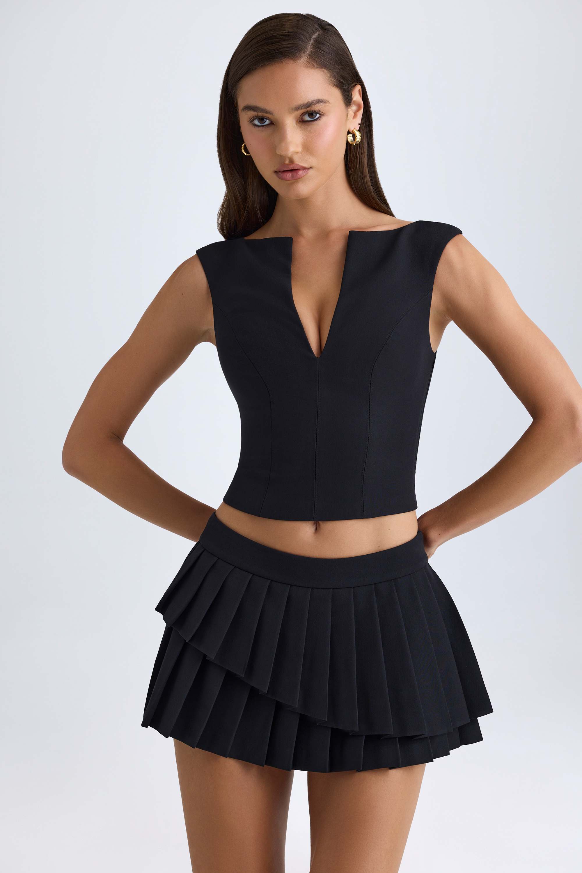 Nada-Layered Pleated Low-Rise Mini Skirt in Black