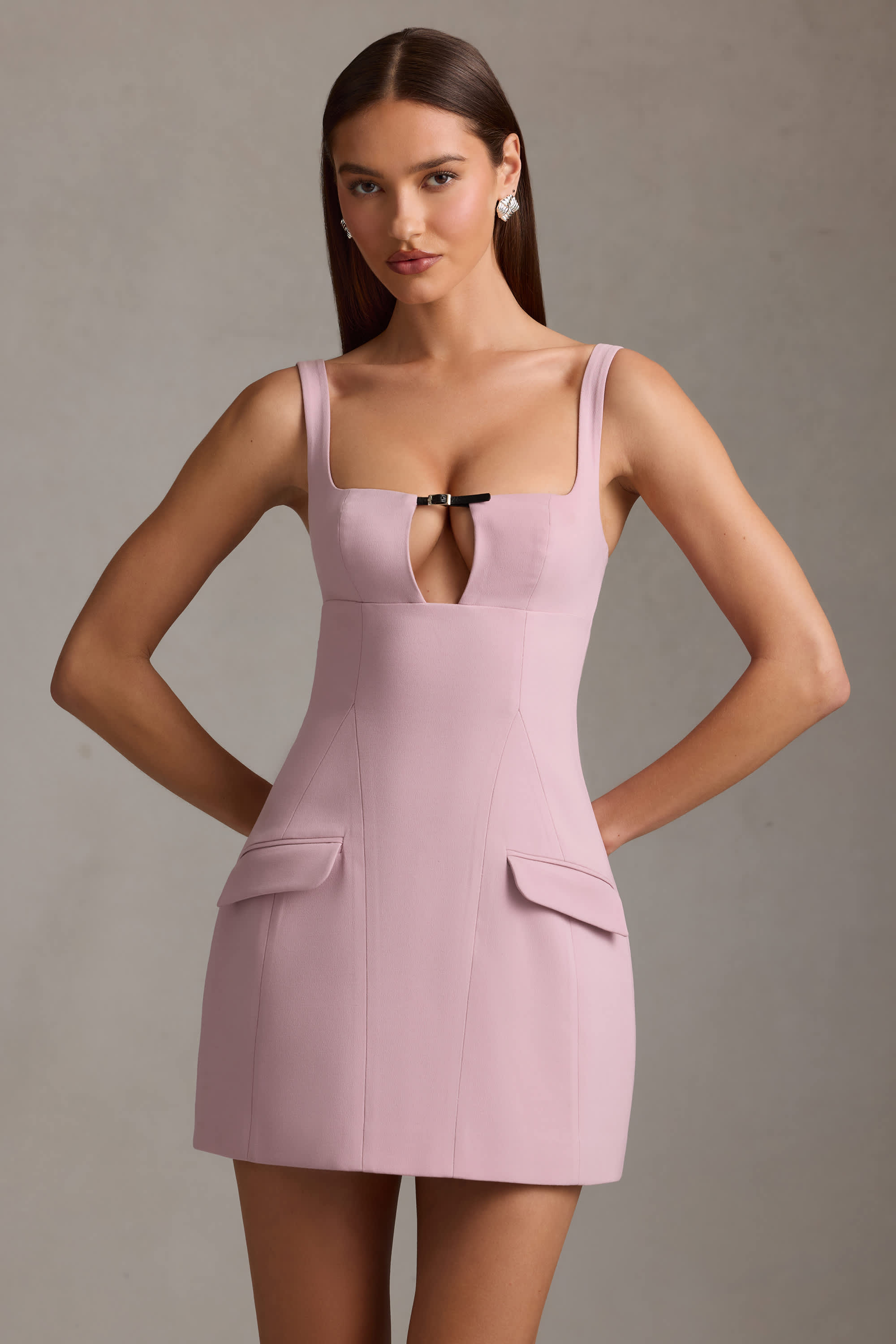 Zarina-Cut-Out Structured A-Line Mini Dress in Mauve