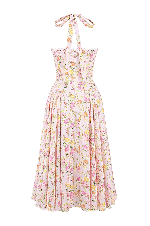 Adabella-Pink Meadow Print Cotton Halter Midi Sundress