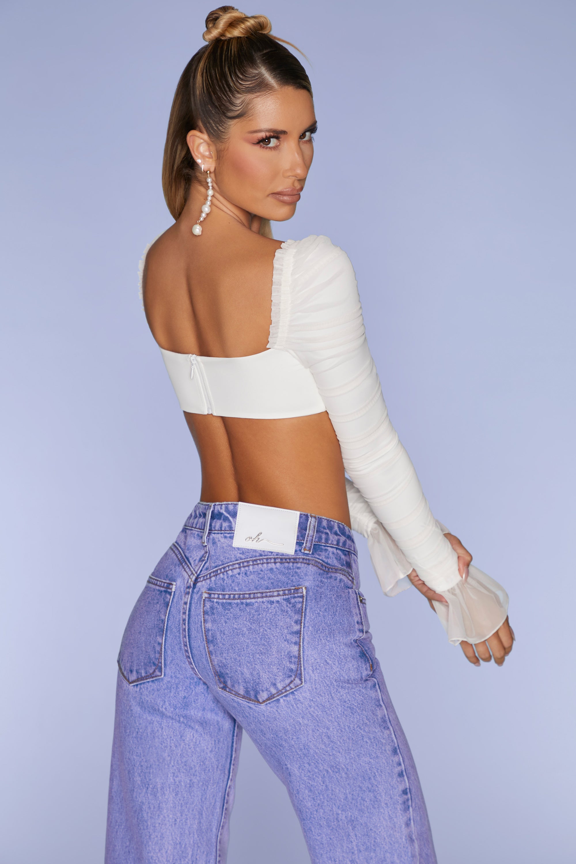 chamonix-Long Sleeve Ruched Crop Top in Ivory