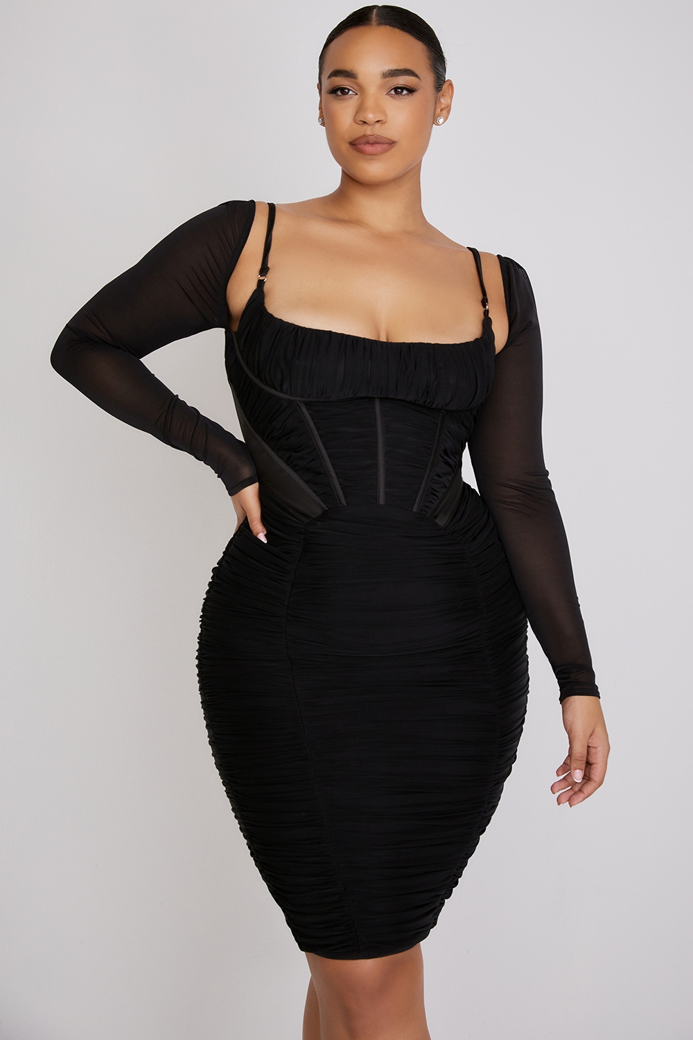 Freyja-Black Gathered Corset Dress