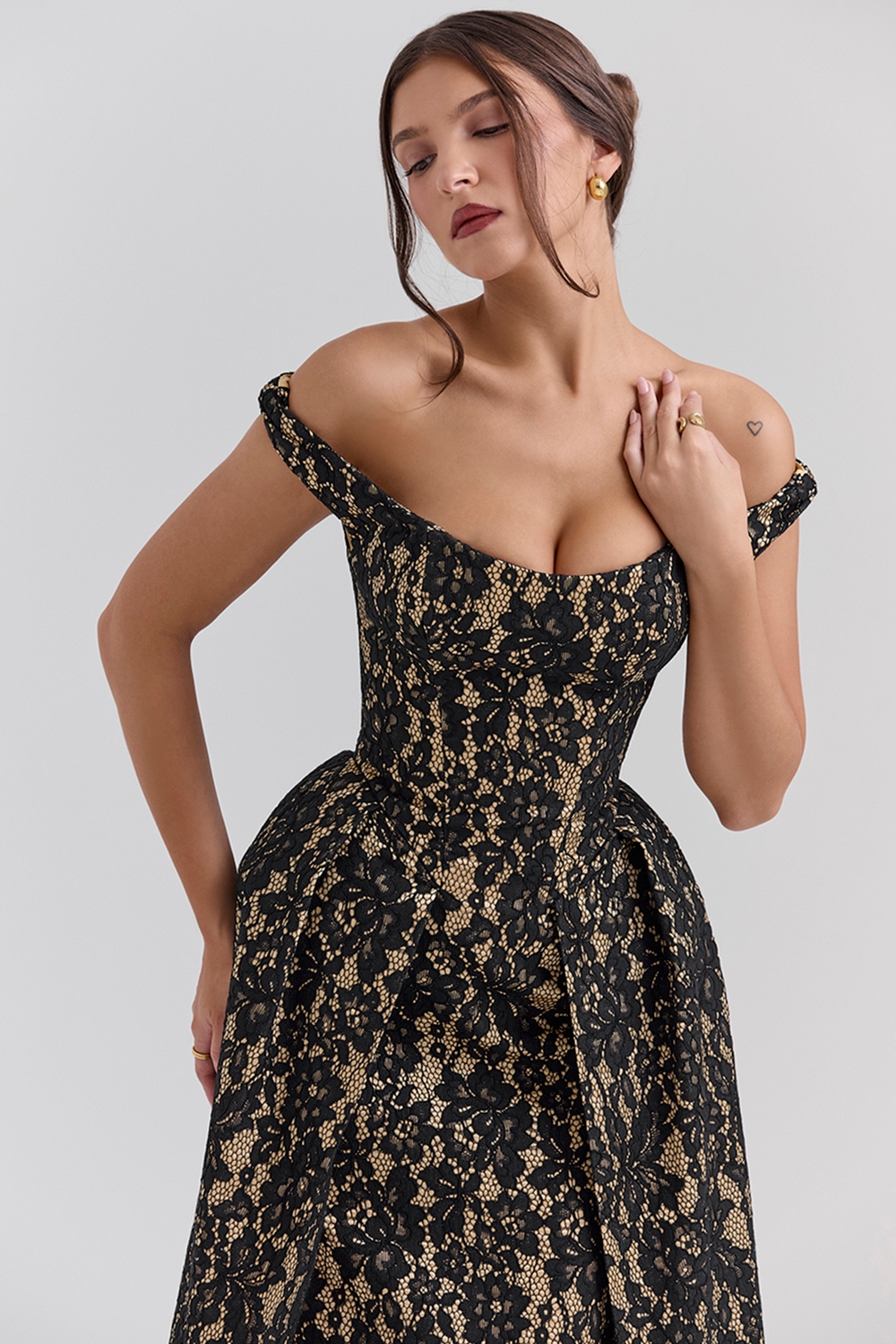 Charming-Black Gold Lace Off Shoulder Midi Gown