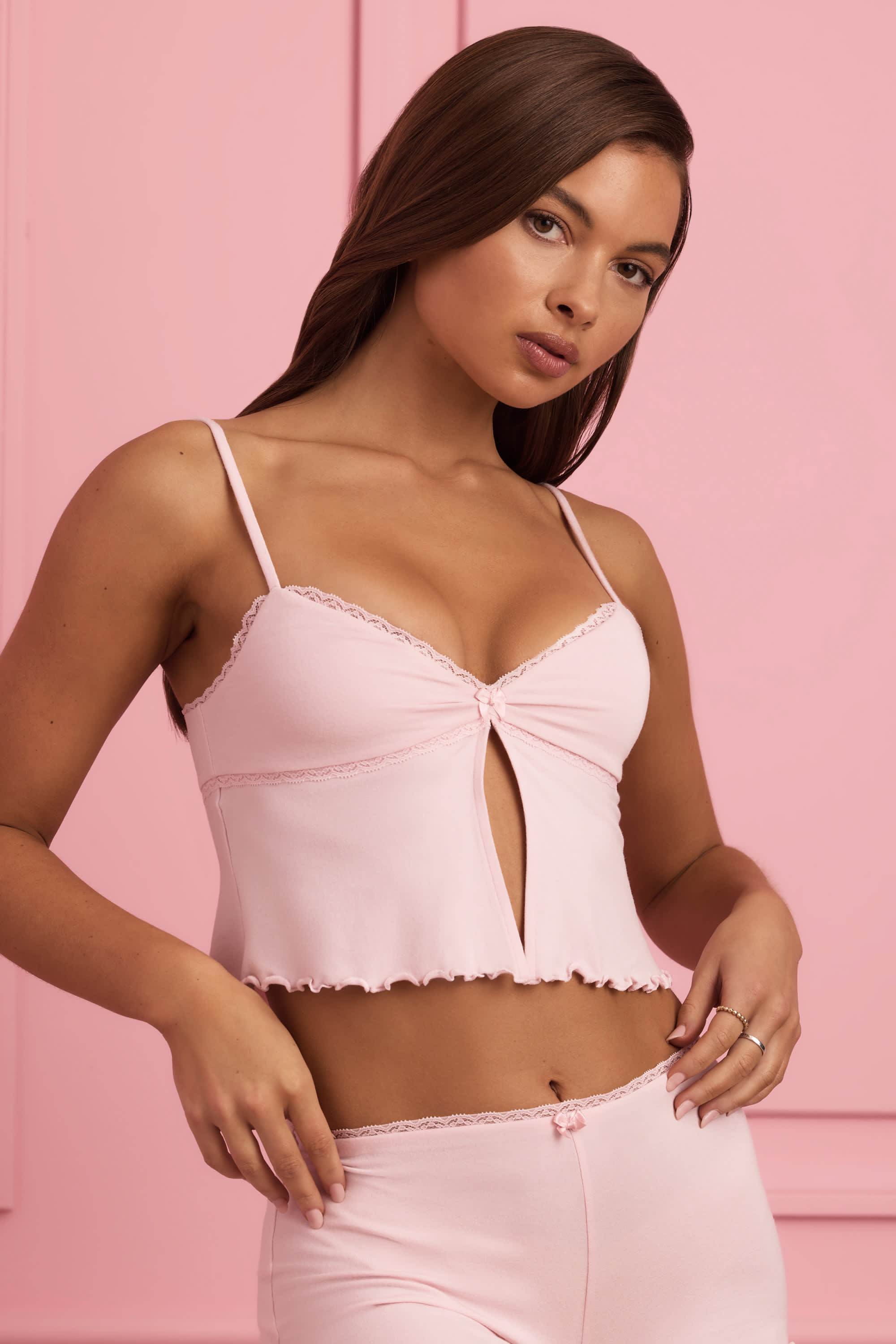 Tana-Lace-Trim Babydoll Pyjama Top in Baby Pink