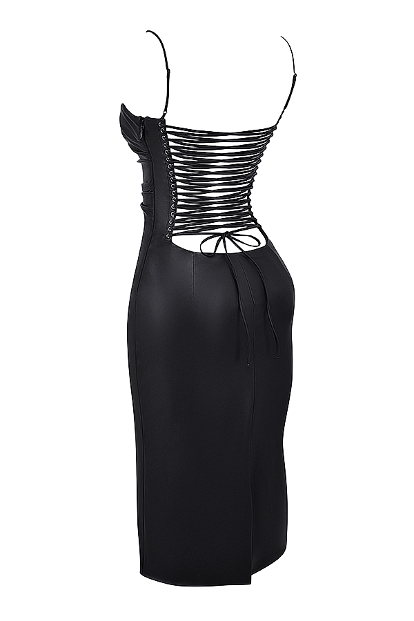 Jalena-Black Vegan Leather Lace Back Dress
