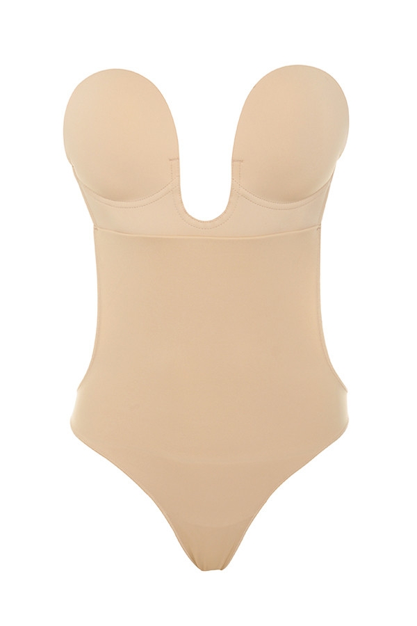 Beige Plunge Self Adhesive Backless Bodysuit