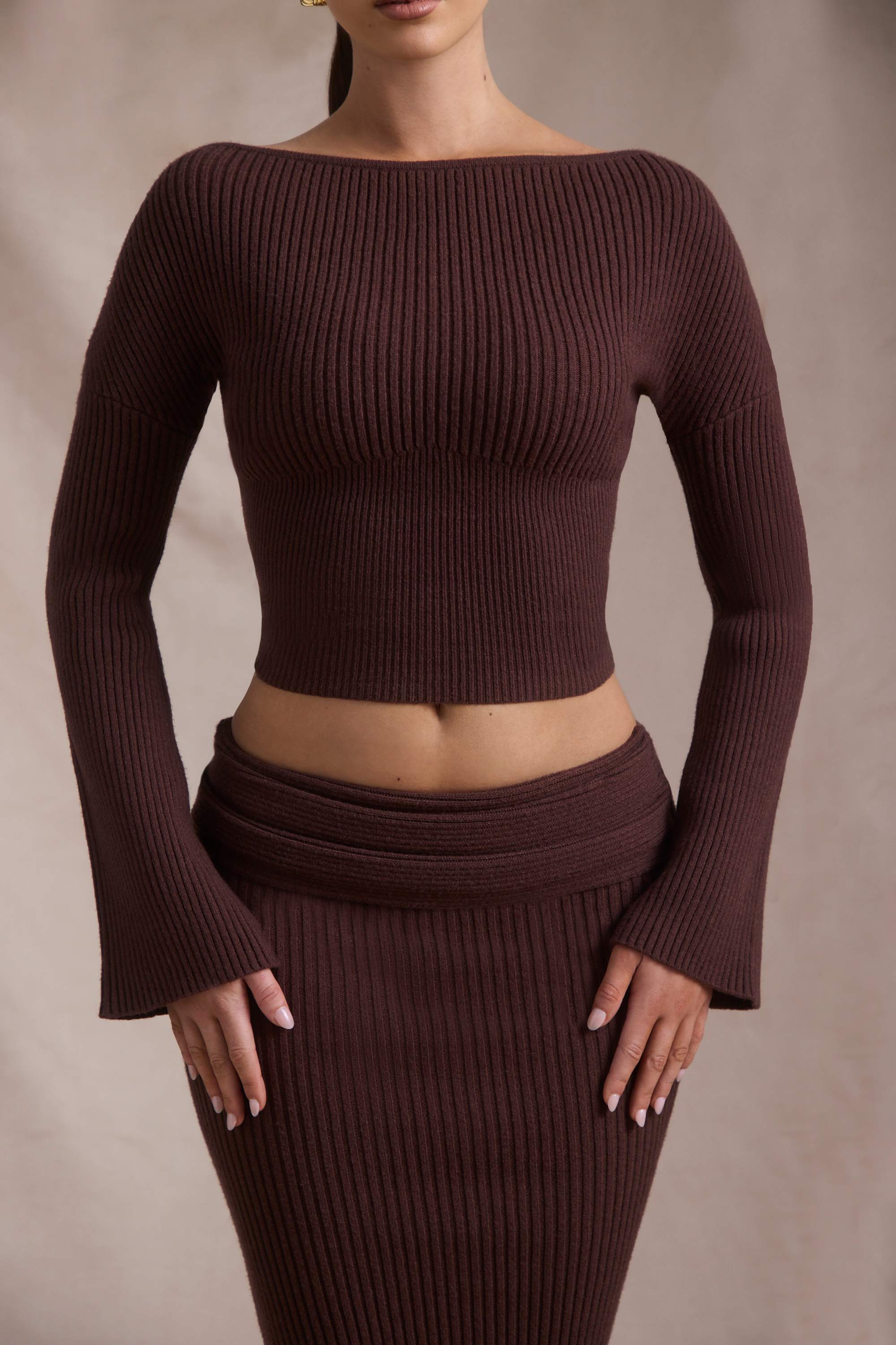 Wilona-Ribbed-Knit Slash-Neck Top in Espresso