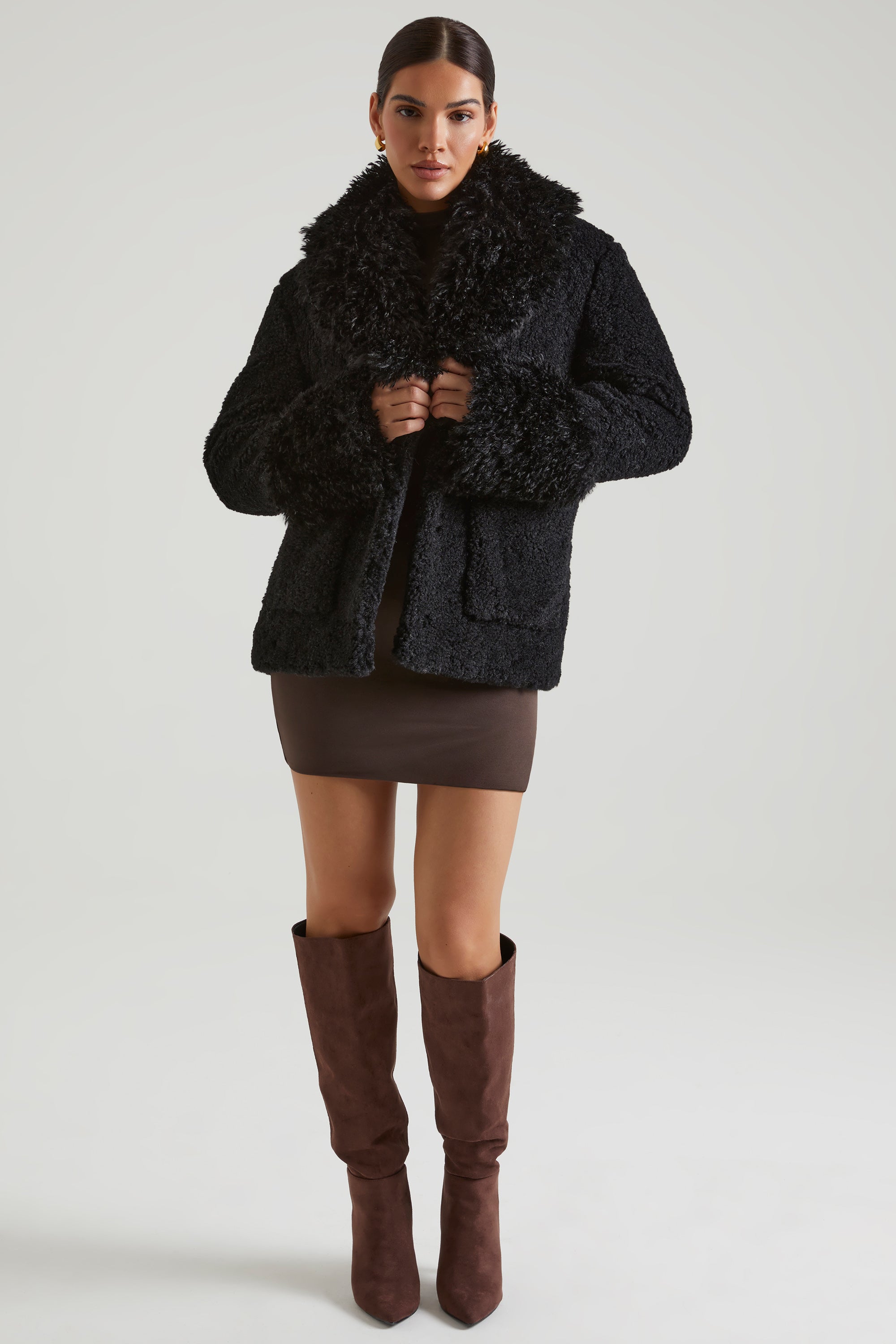 Wynter-Shearling Coat with Large Front Pockets in Black