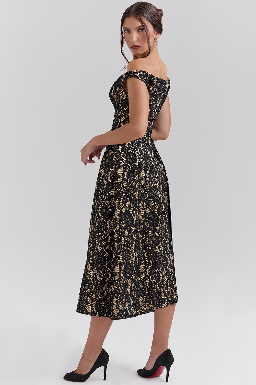 Charming-Black Gold Lace Off Shoulder Midi Gown