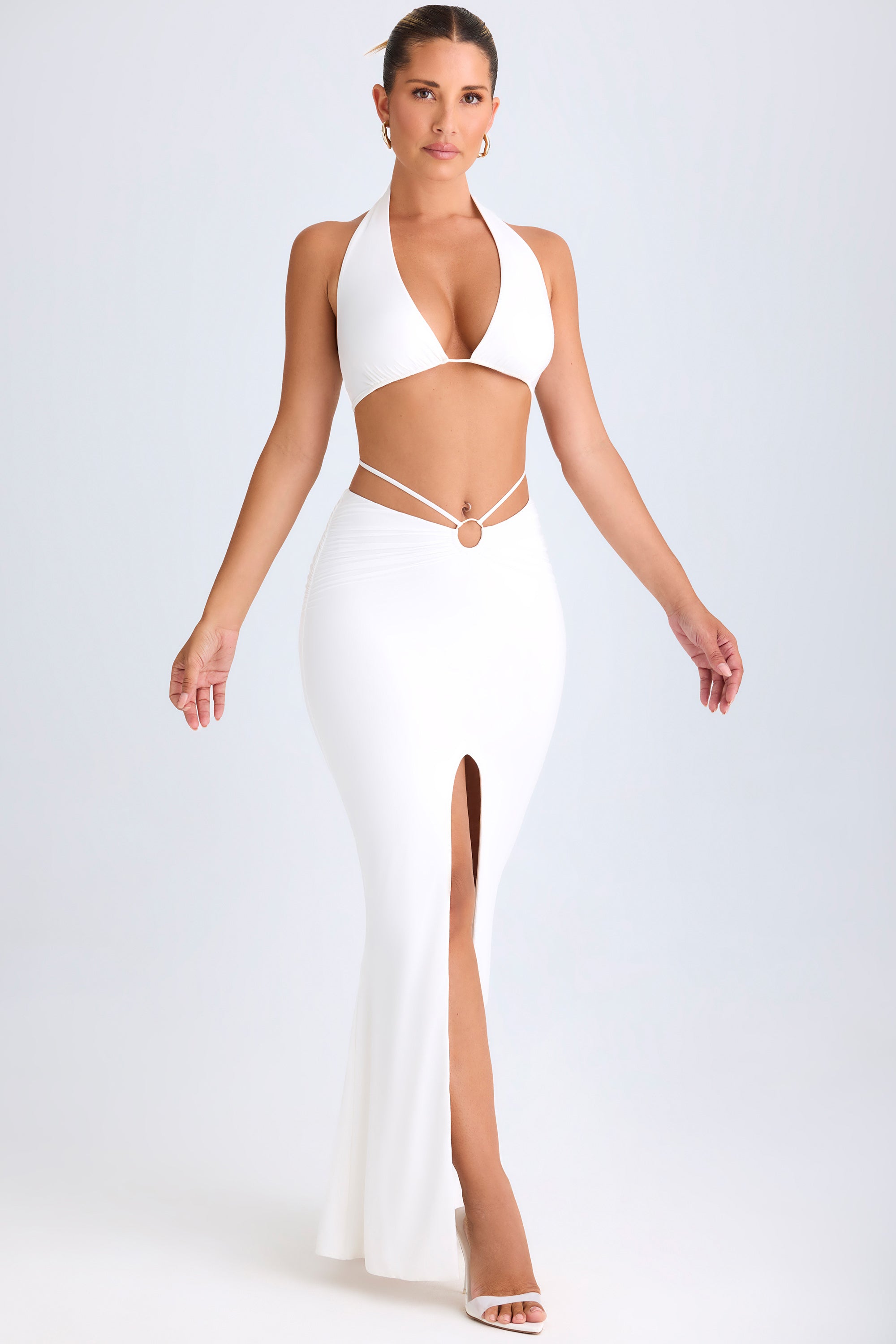 Vella-Plunge Hardware-Detail Halterneck Crop Top in White