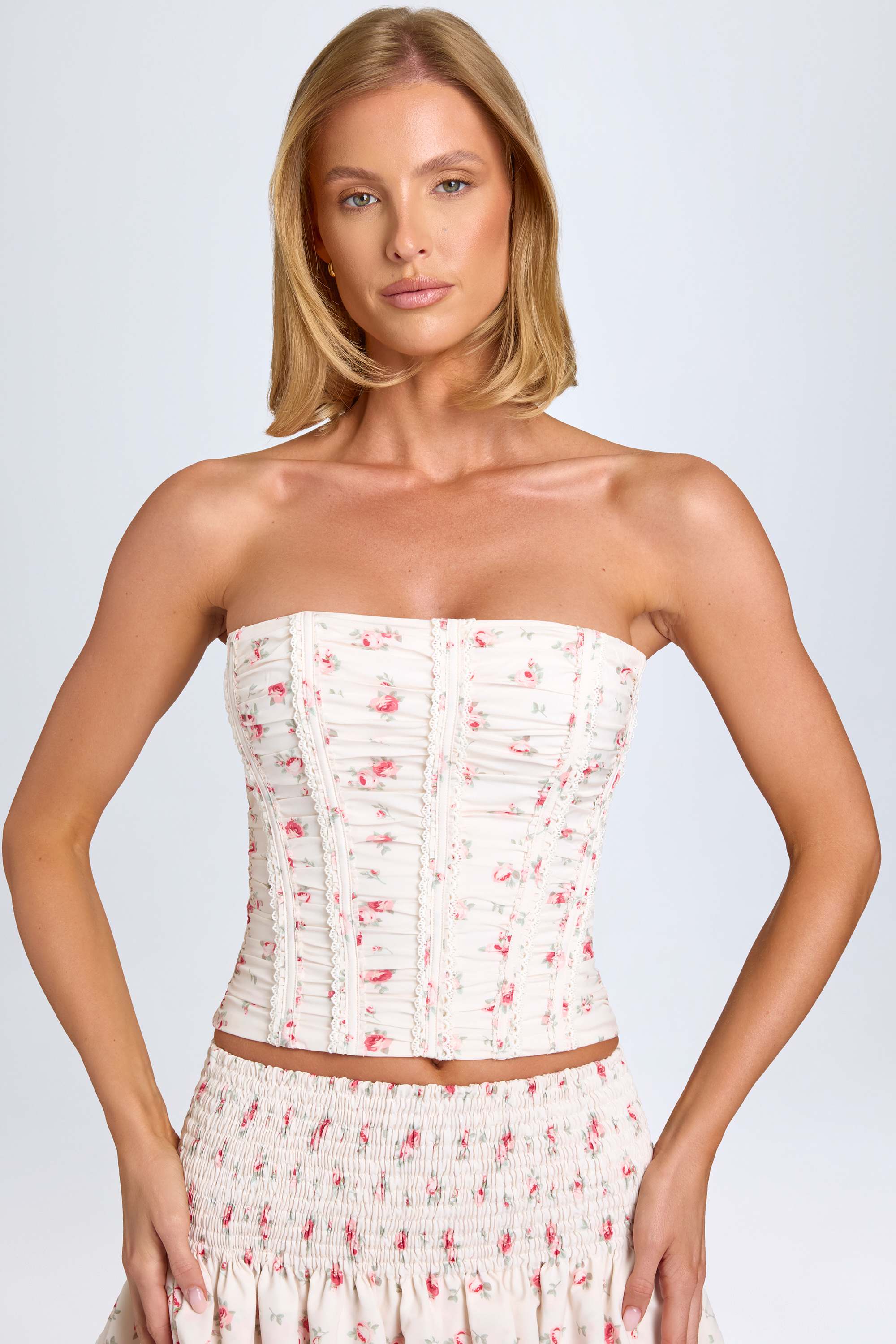 Trova-Ruched Lace-Up Corset Top in Small Rose Print