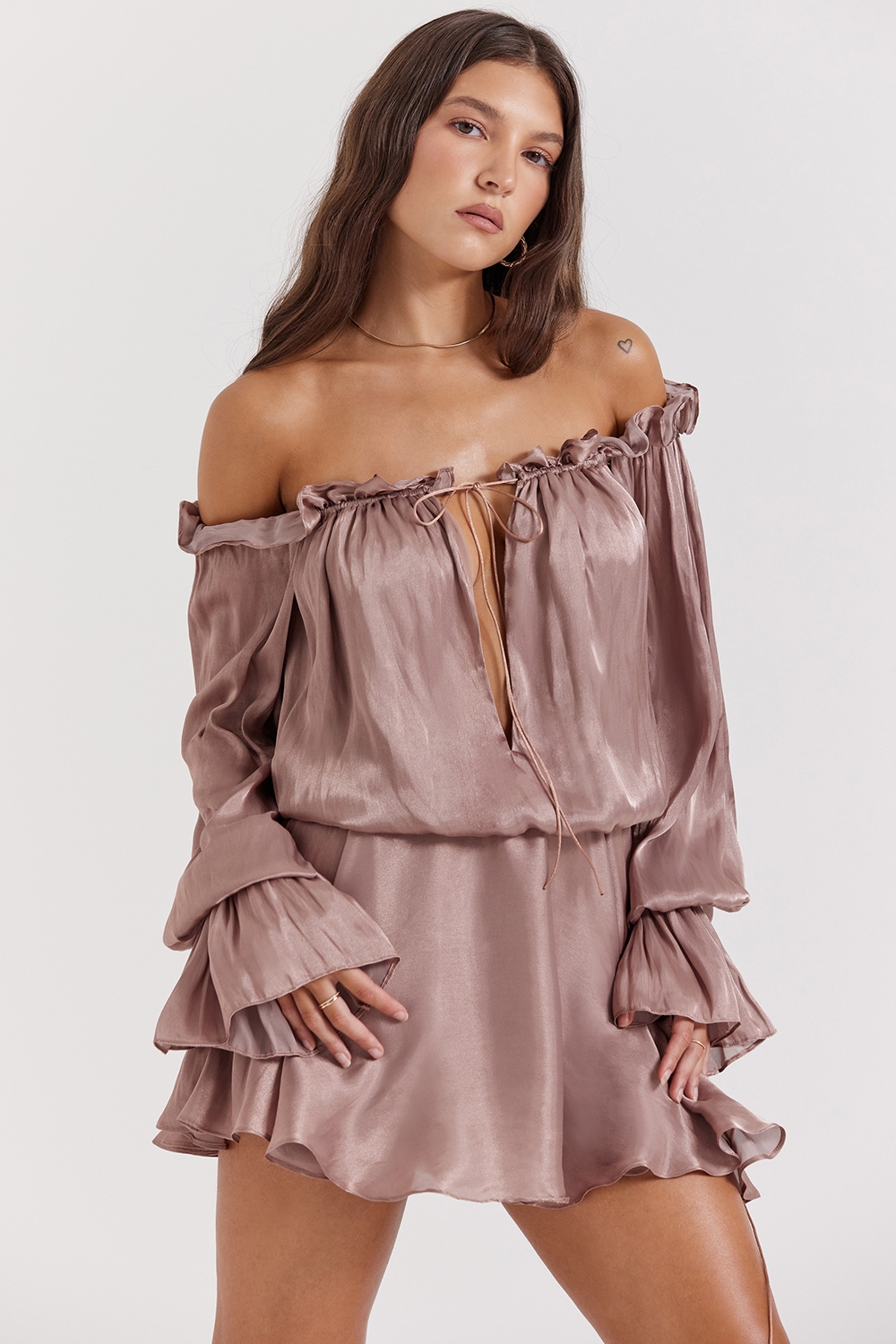 Chaya-Hazelnut Off Shoulder Dress