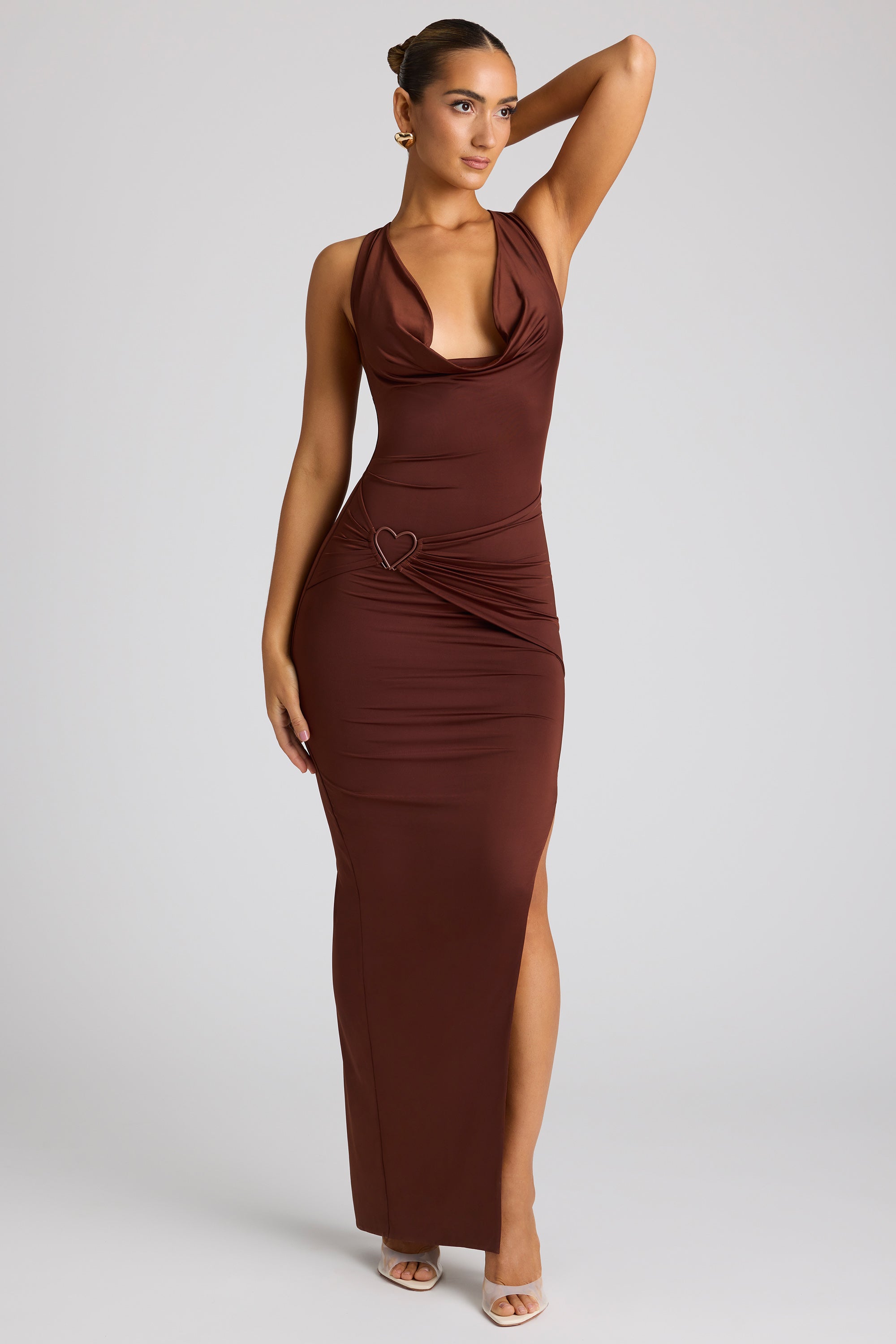 Ravenna-Multiwear Cowl Neck Wrap Over Evening Gown in Chocolate Brown