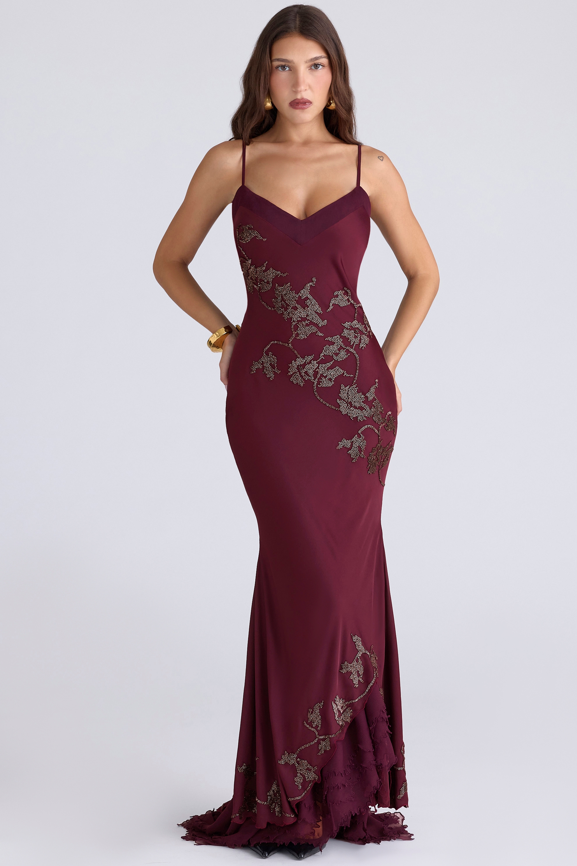 Anastelle-Plum Hand Beaded Embellished Satin Maxi Gown - Limited Edition
