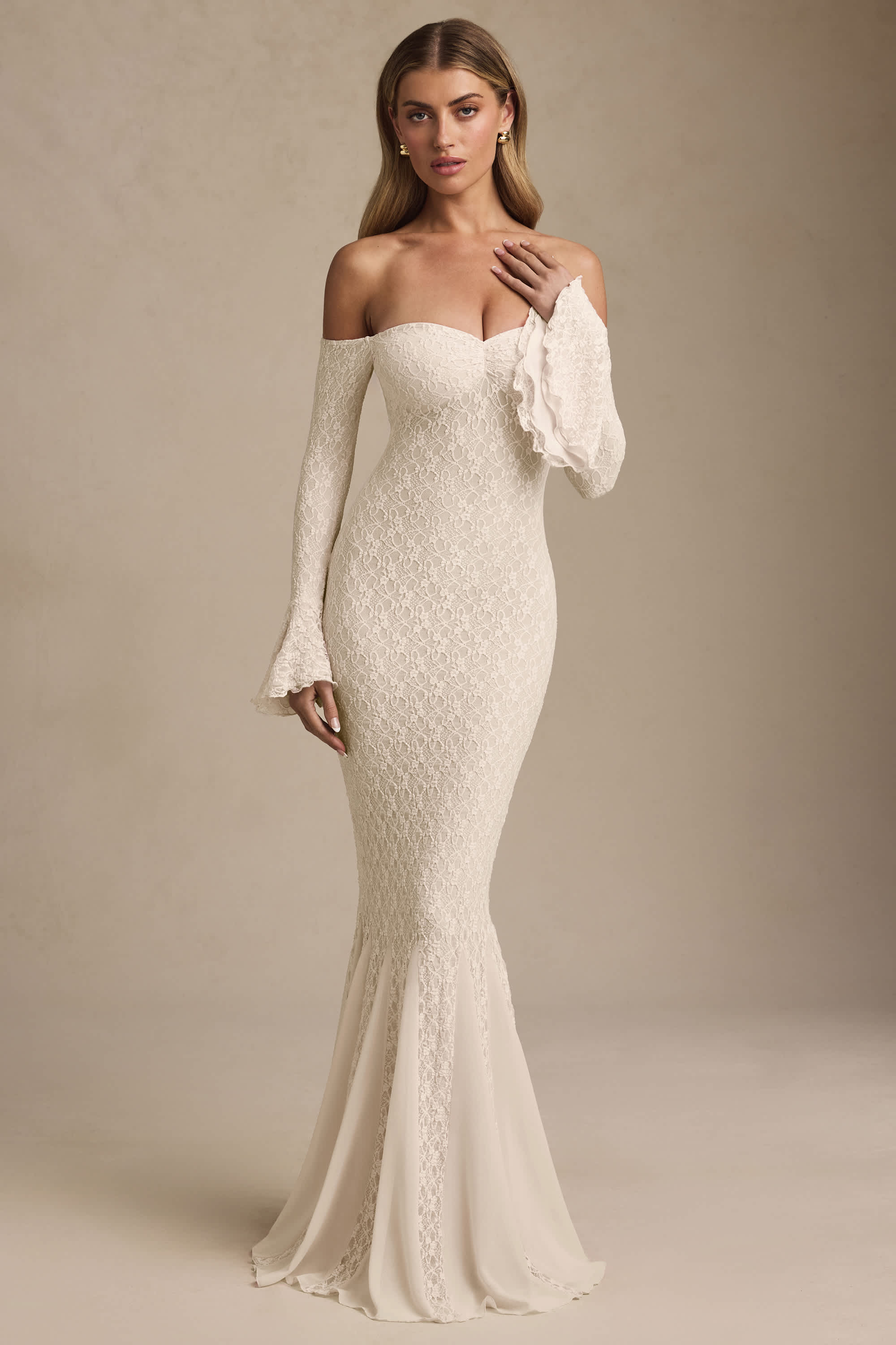 Verena-Off-Shoulder Ruffle Lace Maxi Dress in Ivory