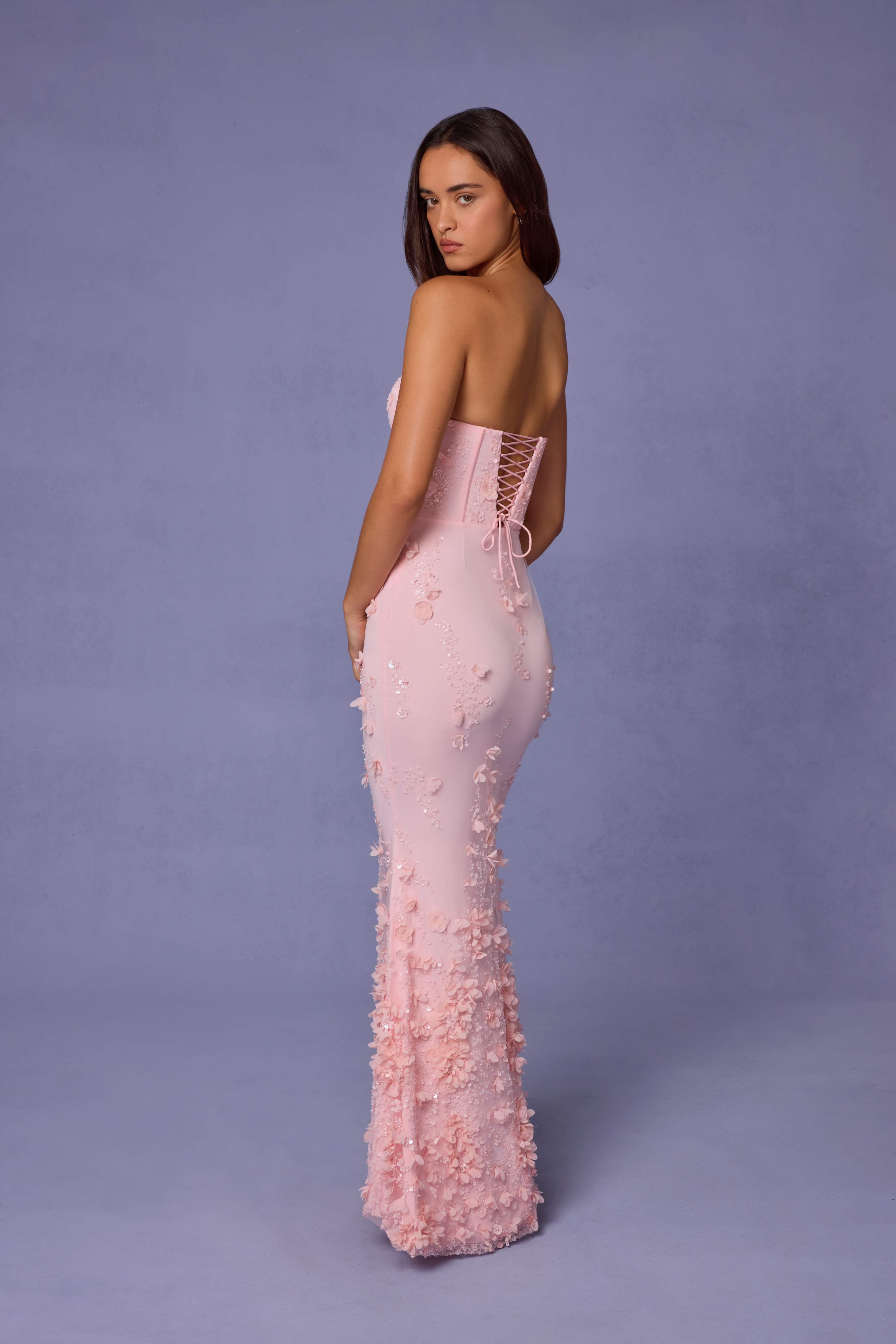 Amal-Lace-Up Corset Maxi Dress in Soft Pink