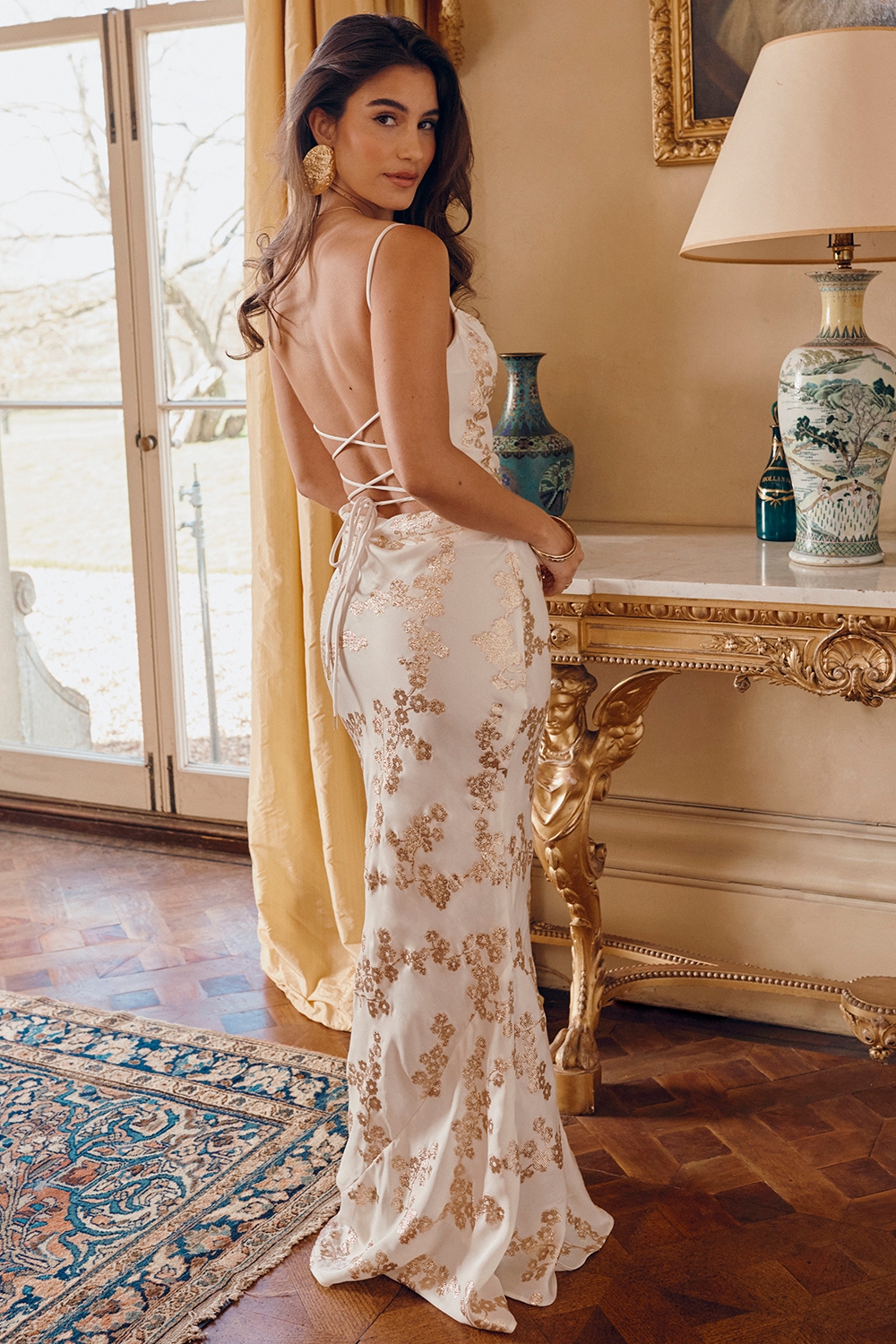 Capriana-White & Gold Jacquard Satin Gown
