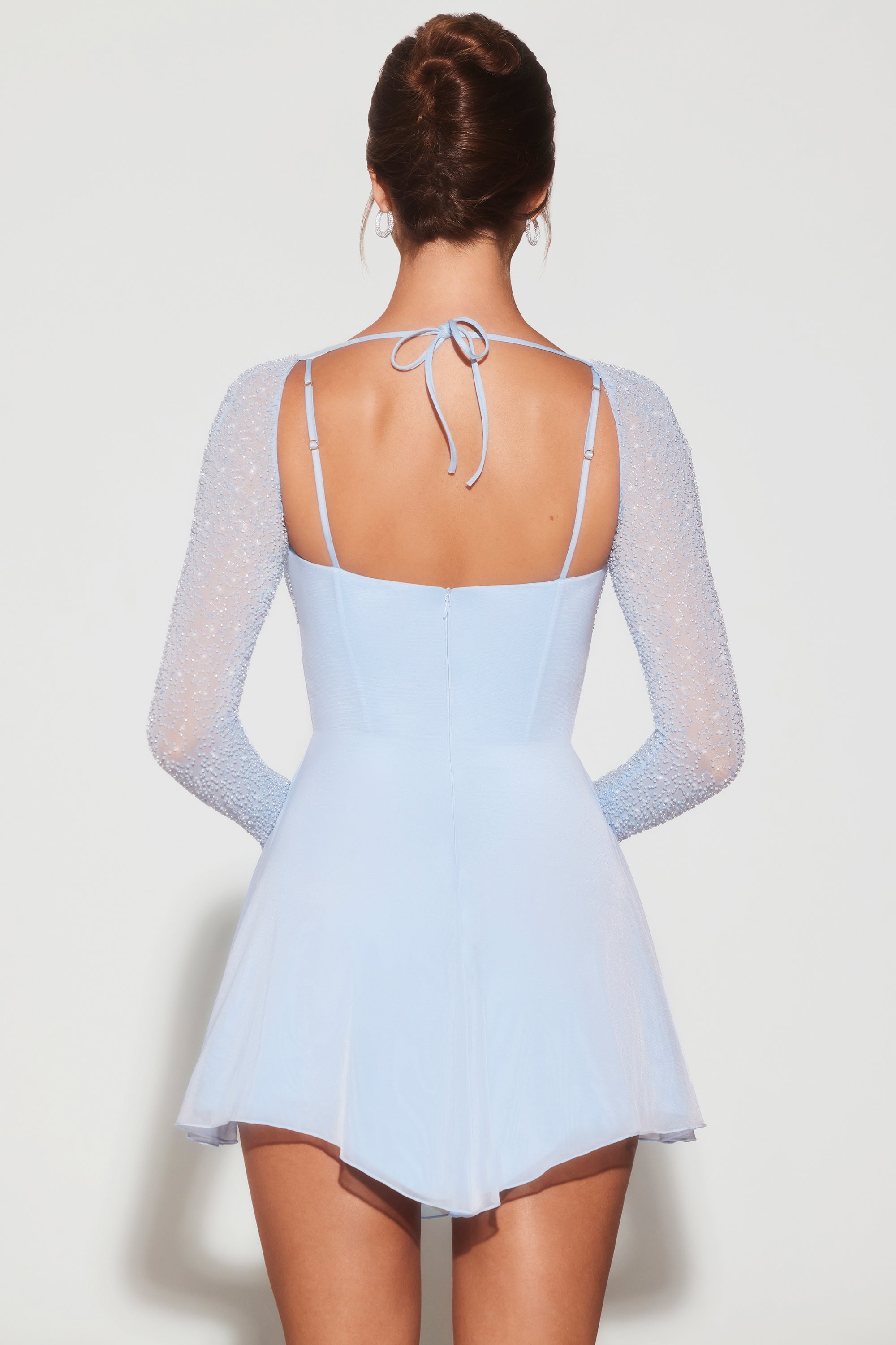 Naples-Embellished Long Sleeve Angled Hem Mini Dress in Blue