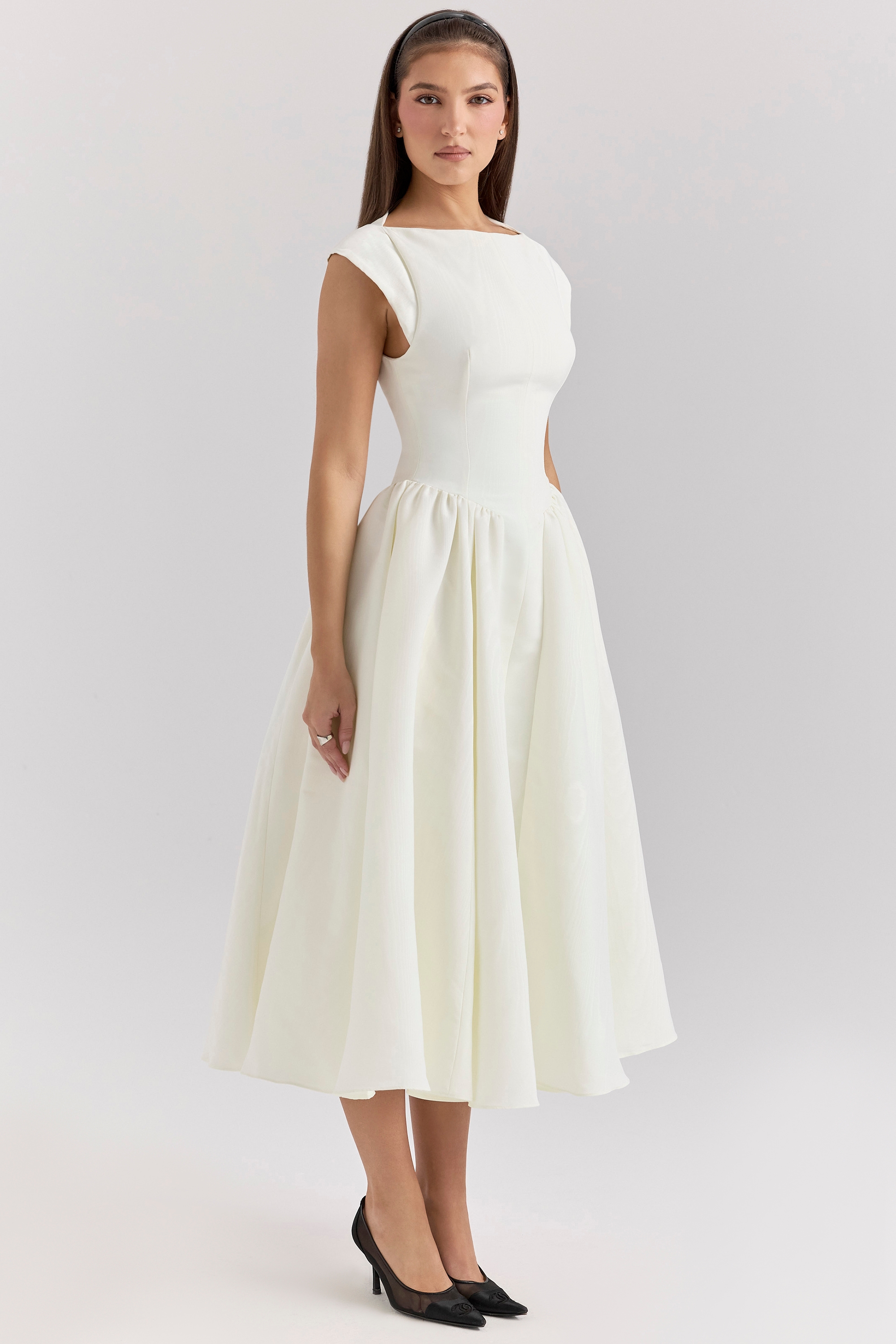 Debutante-Ivory Moire Satin Midi Dress