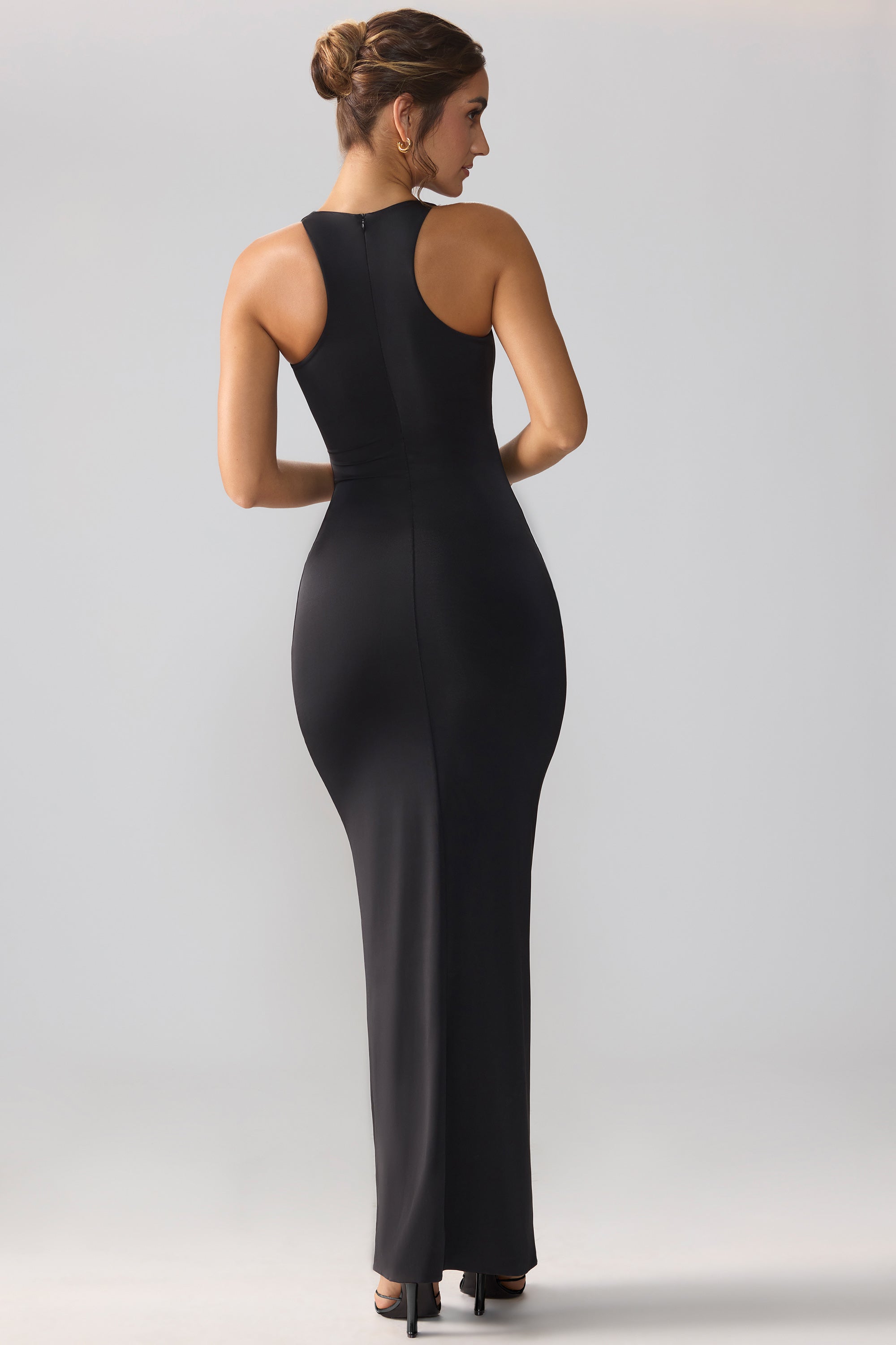Calluna-Slinky Jersey Cut Out Ruffle Racerback Maxi Dress in Black