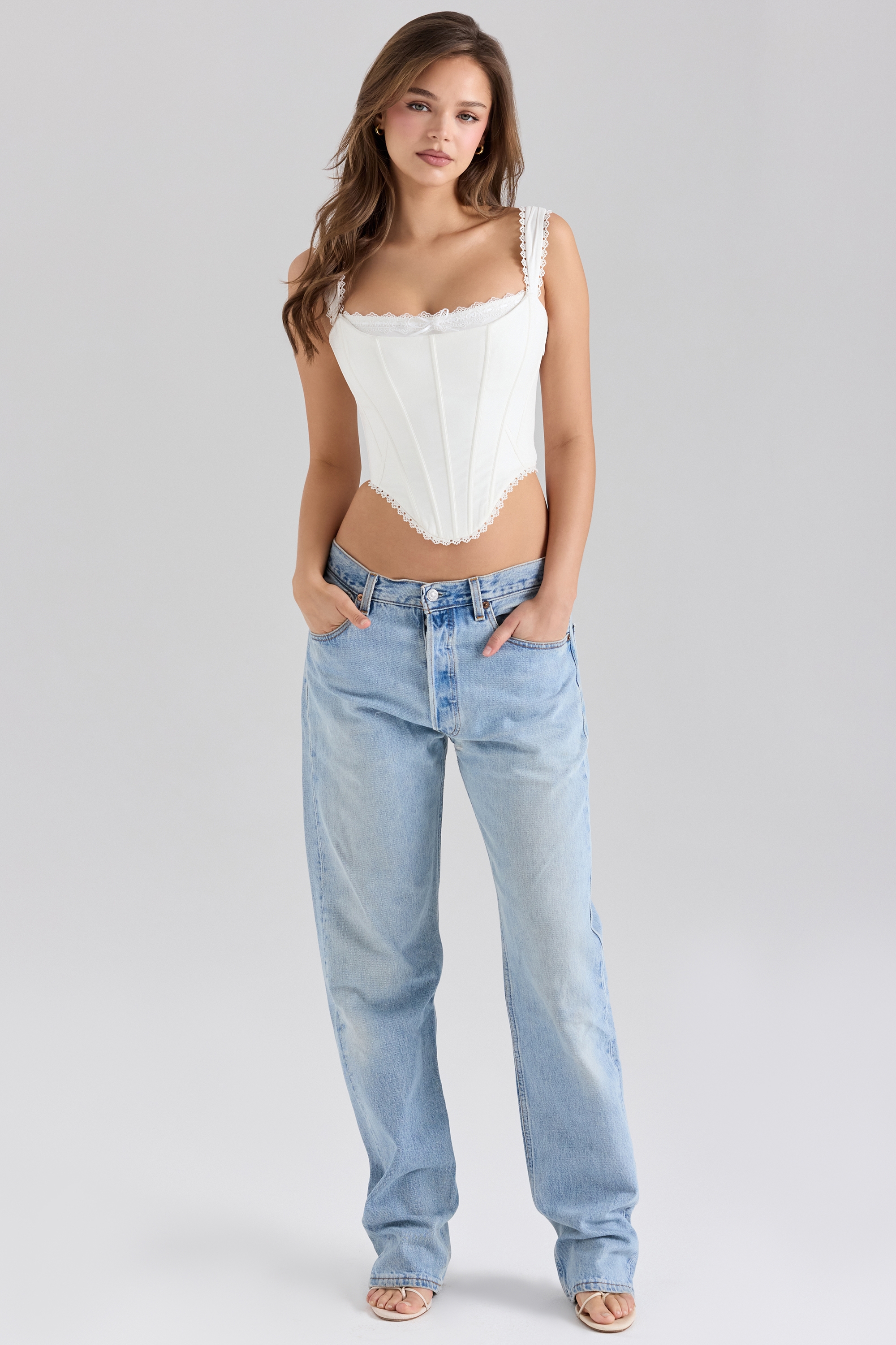 Adina-White Stretch Cotton Scallop Trim Corset Top