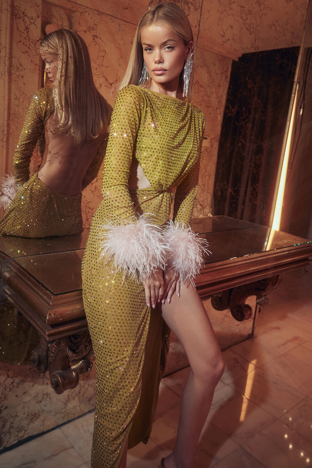 Gina-Chartreuse Crystallised Maxi Dress