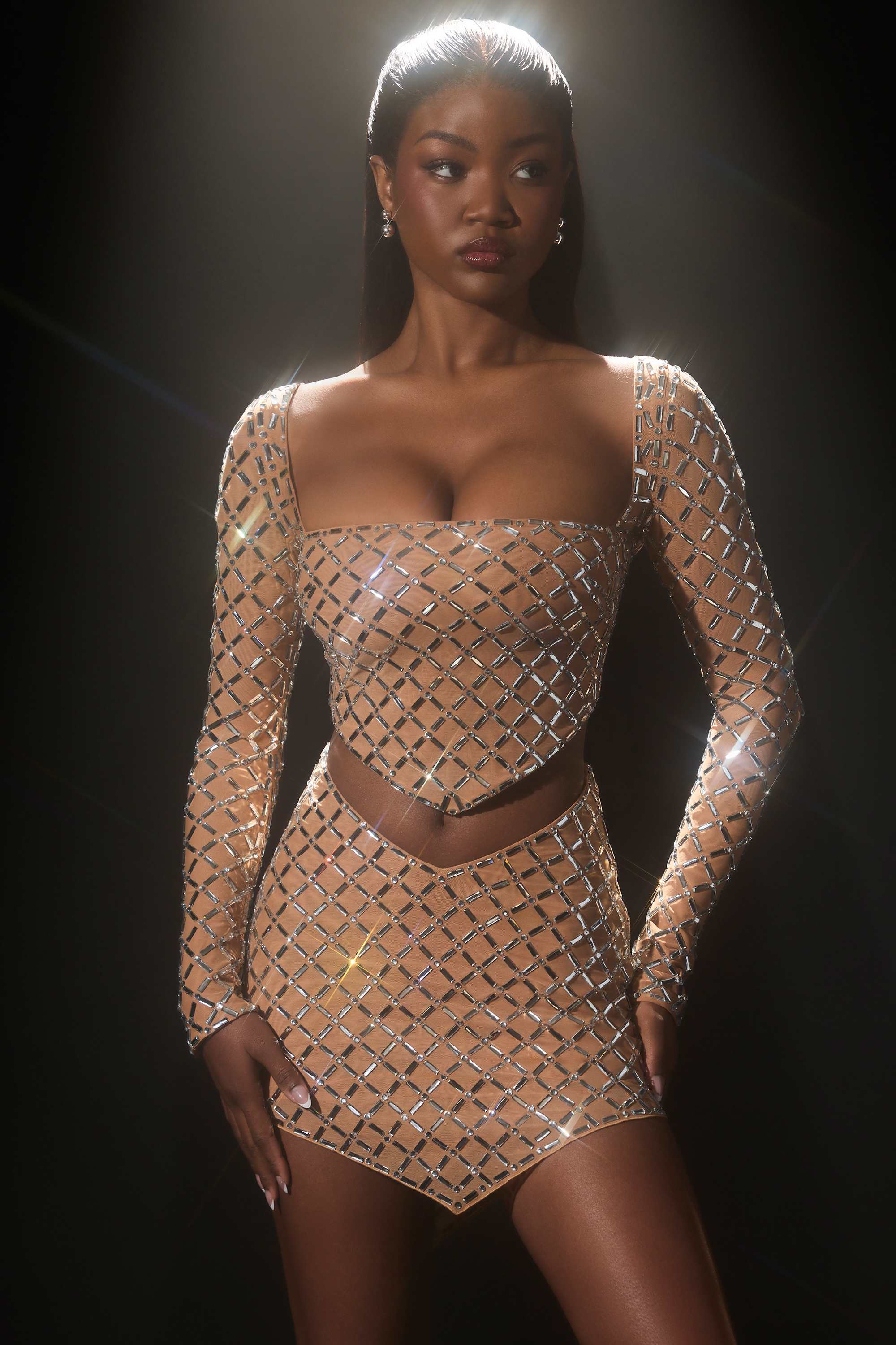 Thora-Embellished Asymmetric Crop Top in Almond