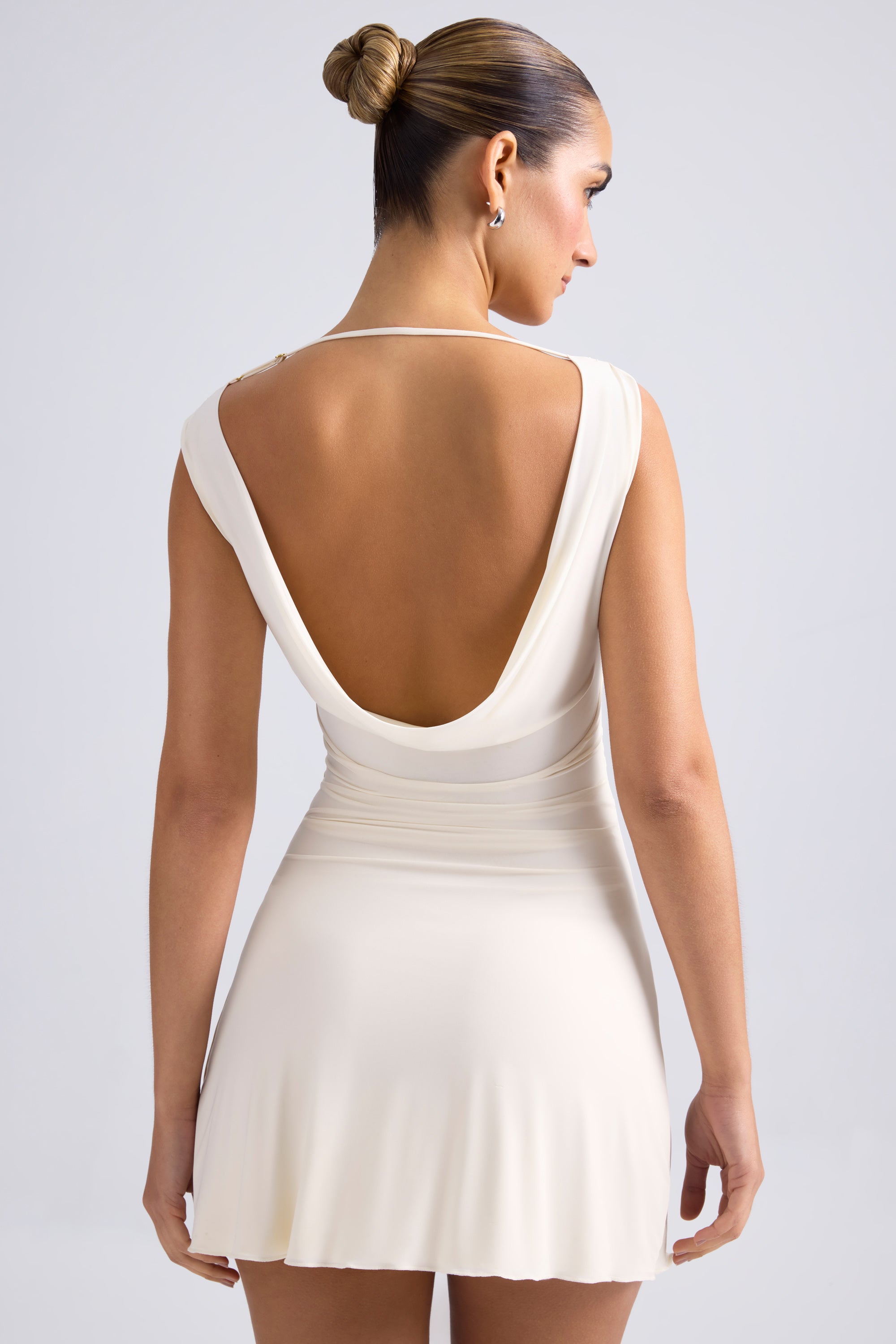 Tigen-Off-Shoulder Cowl-Back A-Line Mini Dress in Ivory