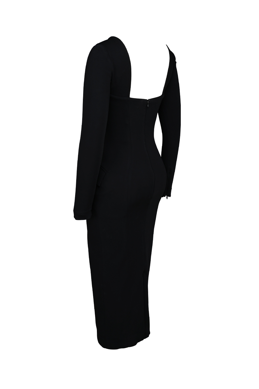 Ella-Black Stretch Crepe Long Sleeve Midi Dress