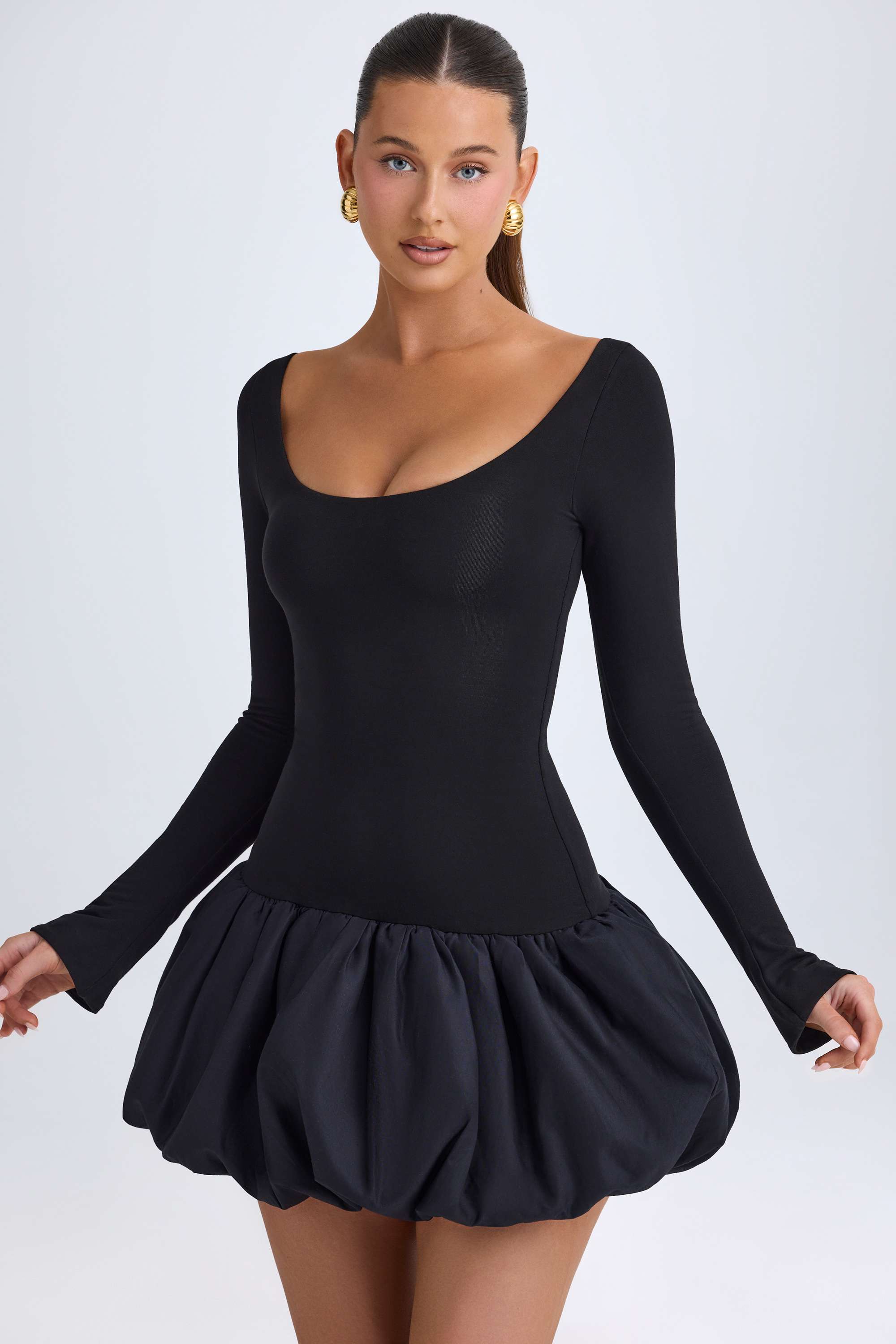Delphi-Scoop-Neck Drop-Waist Bubble Hem Mini Dress in Black