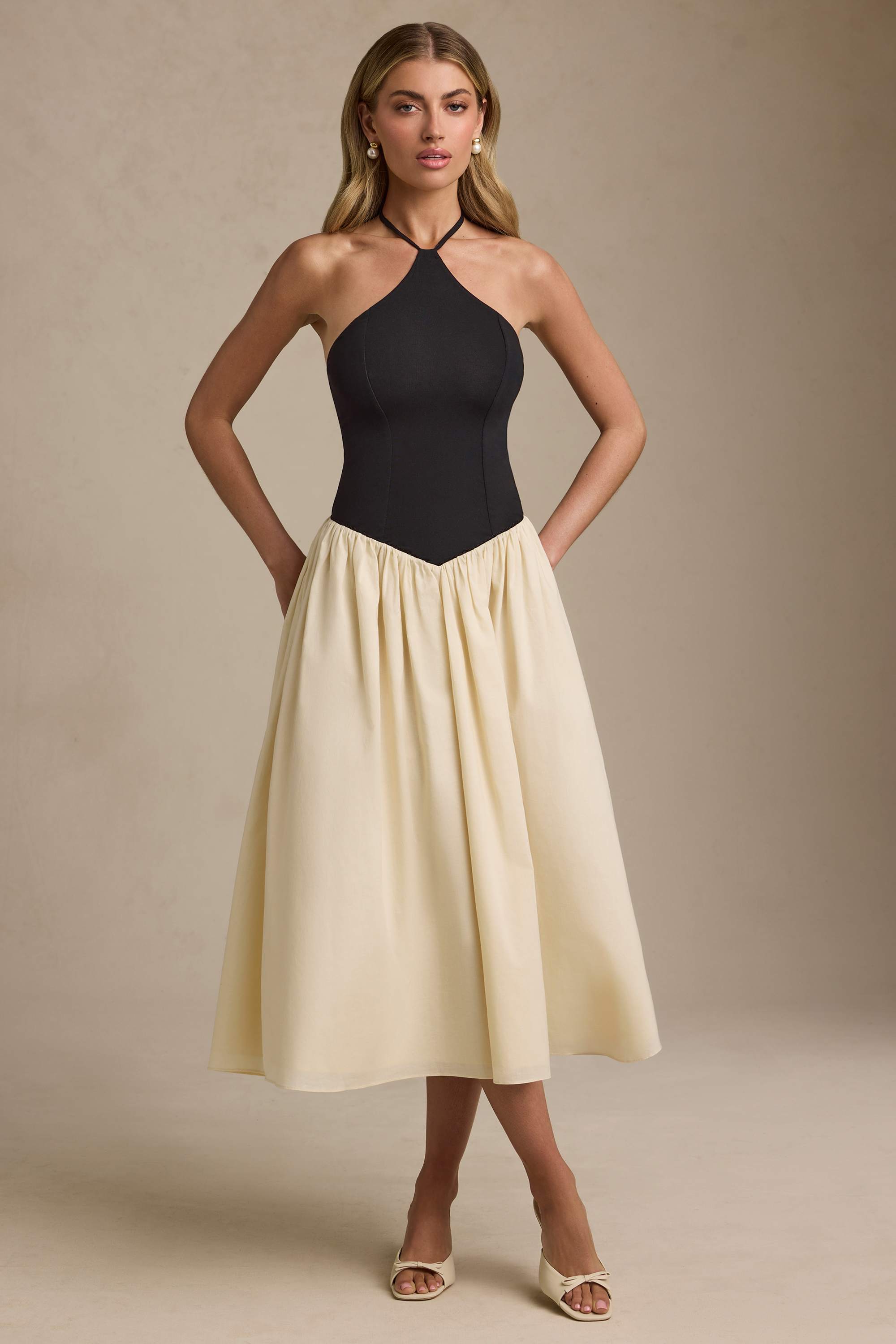 Thalira-Halterneck A-Line Midaxi Dress in Black